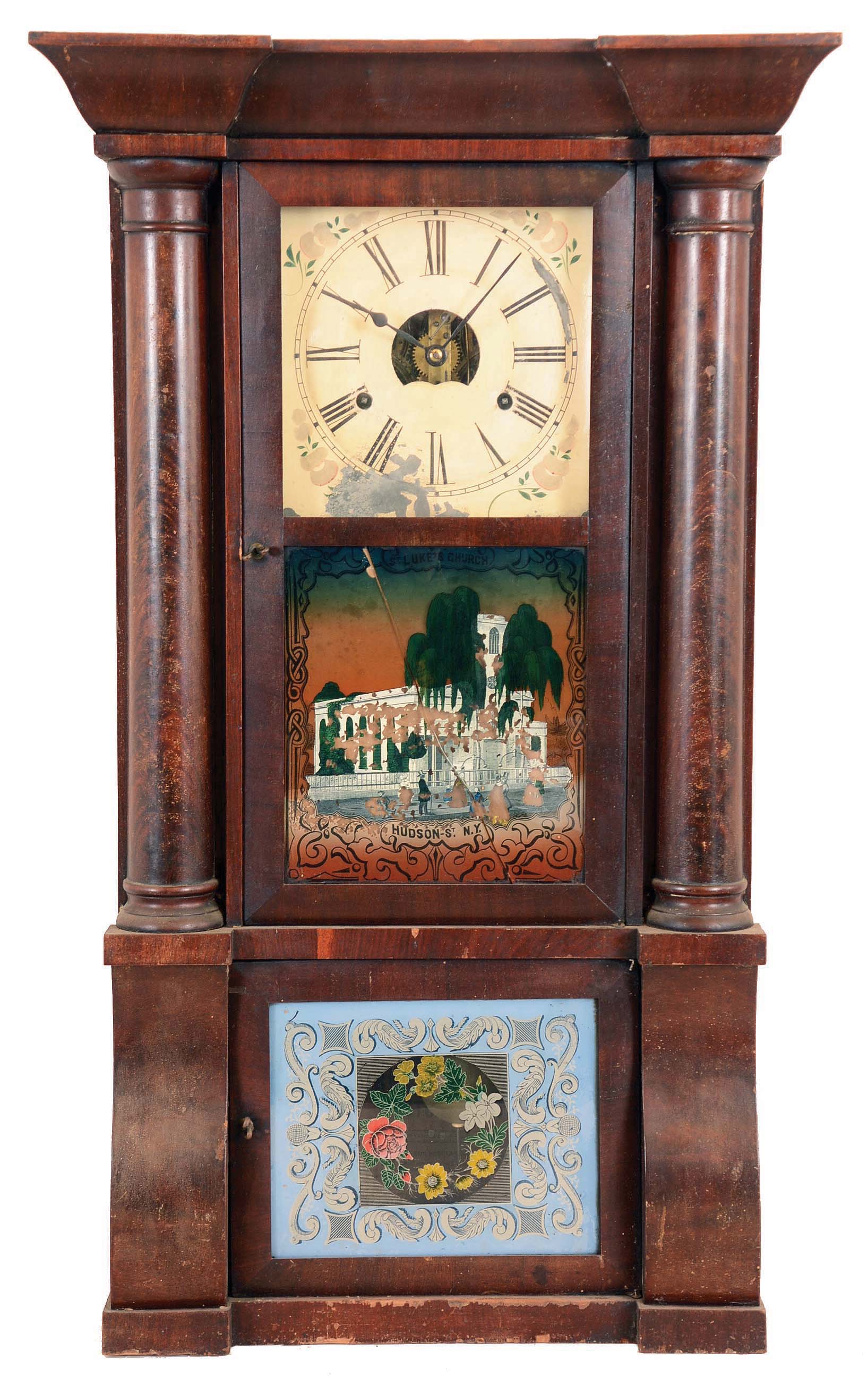 Clocks- 2 (Two): (1) Birge, Peck & Co., Bristol, Conn., cornice and column shelf clock with a weight driven 8 days time and strike movement in a mahogany veneered case. c1850. (2) Welch, Spring & Co., Forestville, Conn., "Cary VP", 8 days, time and strike spring brass movement shelf clock. c1880. — Antique Clocks Price Guide