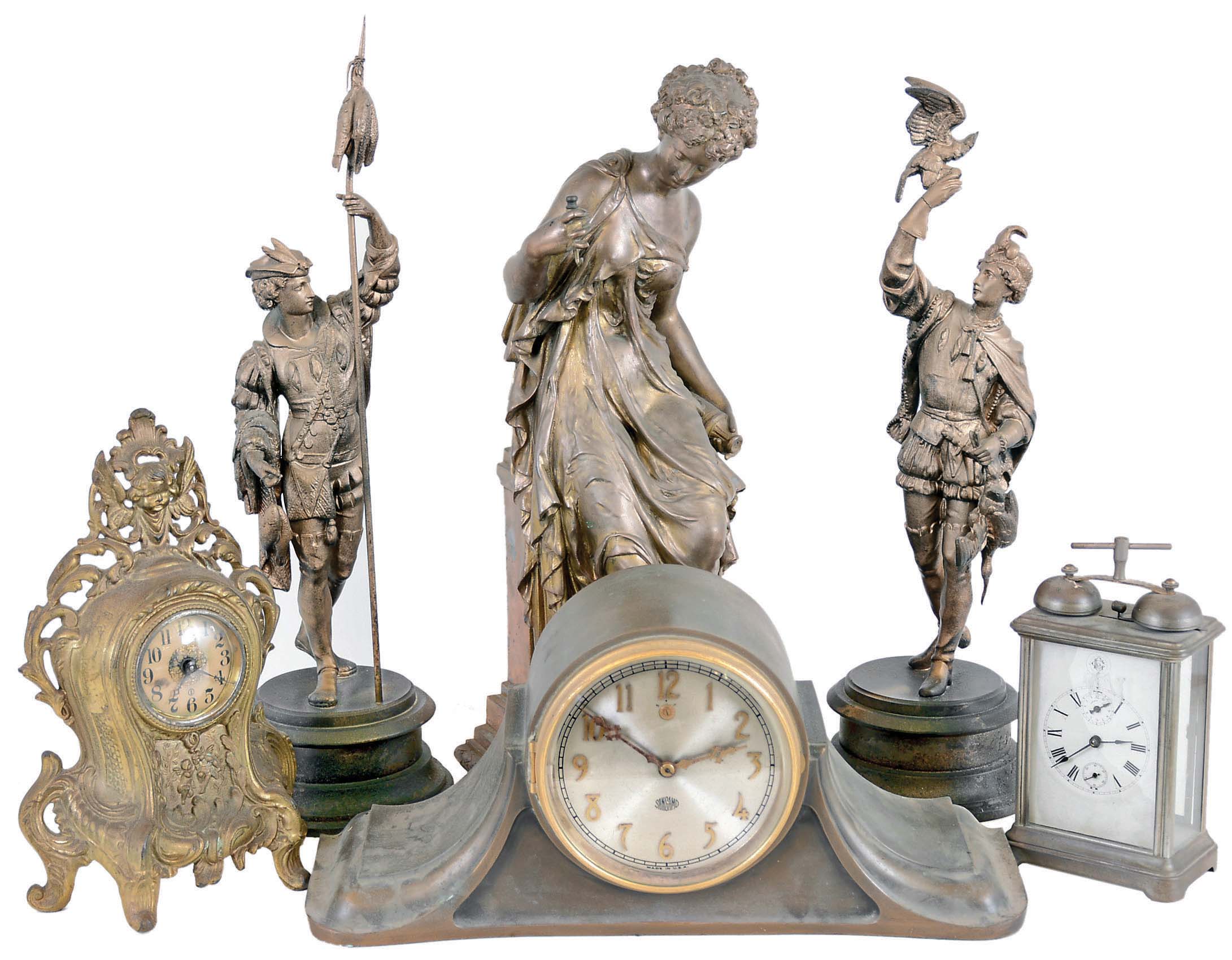 Clocks- 3 (Three) and Cast Figurines- 3 (Three) ; (1) Sangamo Electric Co., Springfield, IL, Style 5051electrically wound clock in heavy cast metal tambour case, serial no. 491 Type B, c1927; cast metal novelty 30 hour time and alarm; (2) William L. Gilbert Clock Co, 30 hour "Hello Alarm" and Gilbert "Gilt No. 115" time and alarm, both c1913; (3) Ansonia "Fisher" and "Falconer" spelter figural statues; French "Brunfaut" (?) cast spelter large seated figural, c1885. — Antique Clocks Price Guide