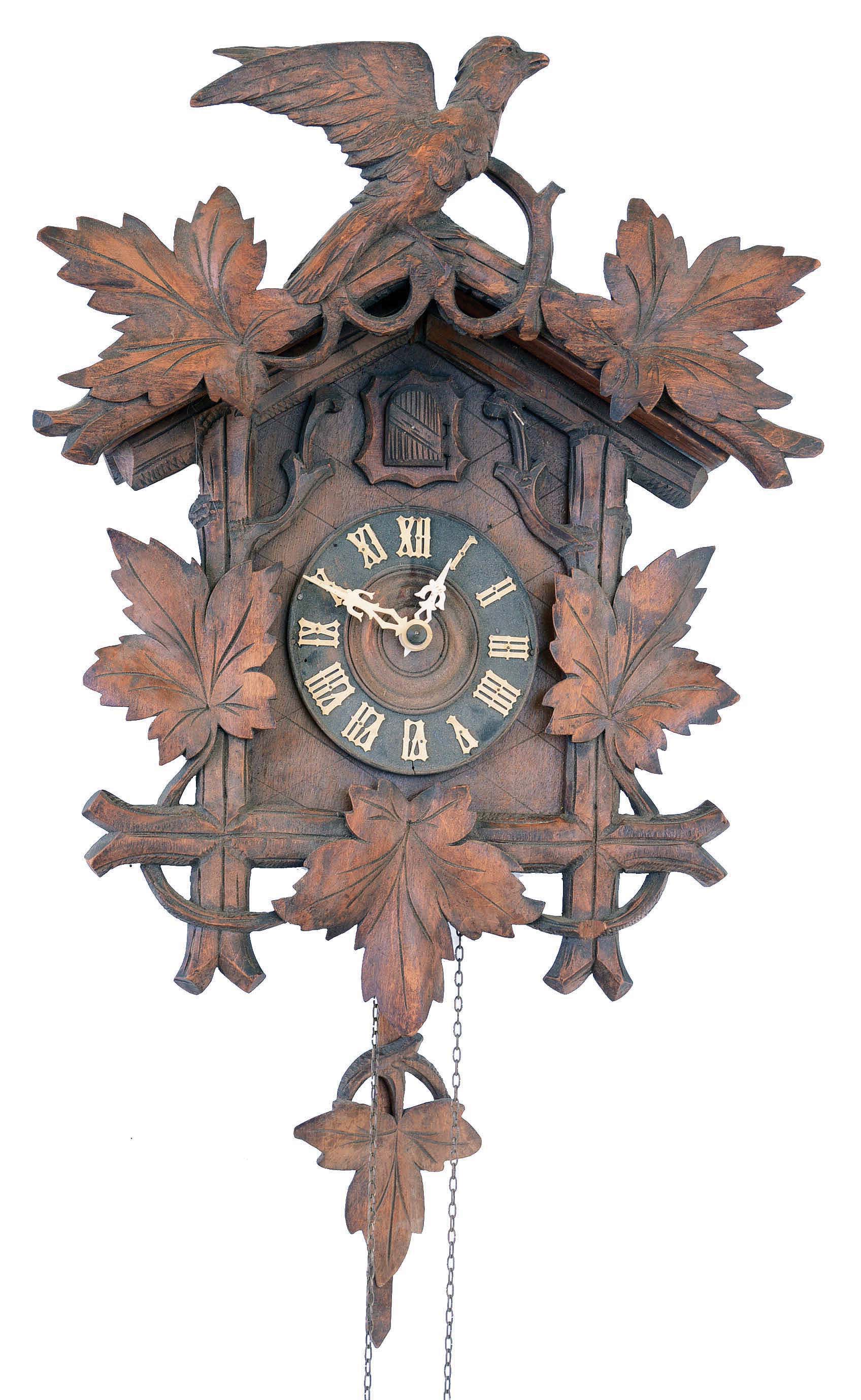 Clocks- 2 (Two) Cuckoo German Black Forest 30 hour 2 weight hanging clocks: (1) railway style with wooden plate movement, c1880; (2) with carved leaves and bird, cast metal plates; c1910 — Antique Clocks Price Guide