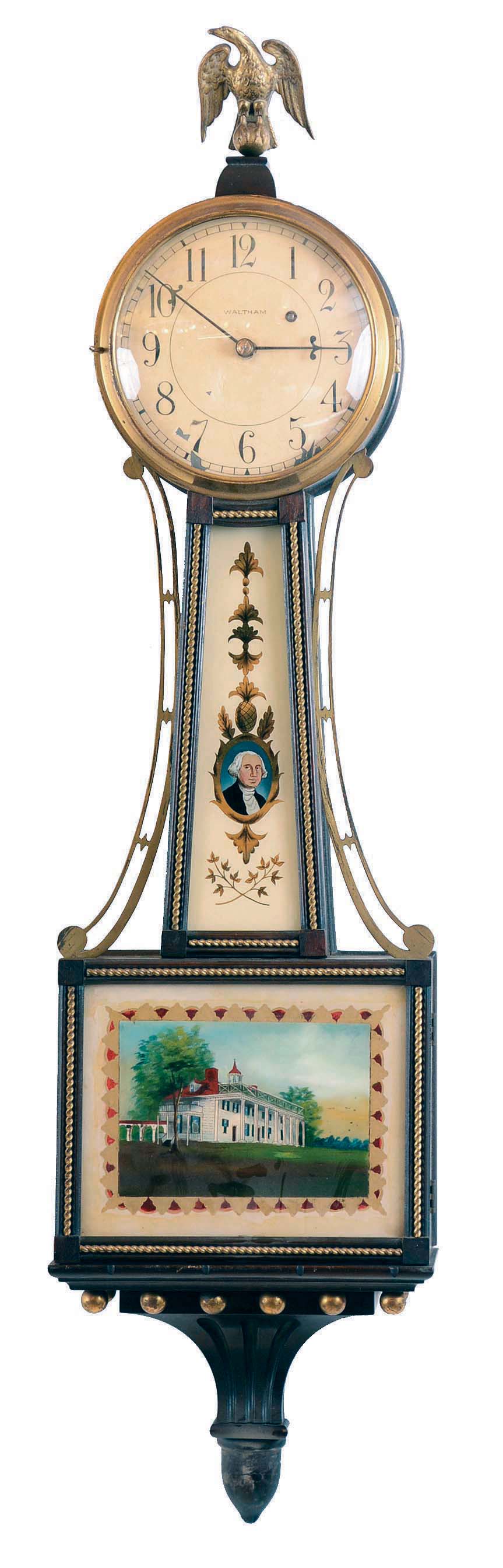 Waltham Watch Co., Waltham, Mass., 8 day weight driven time only banjo wall clock, stamped movement numbered 9451, c1920 — Antique Clocks Price Guide