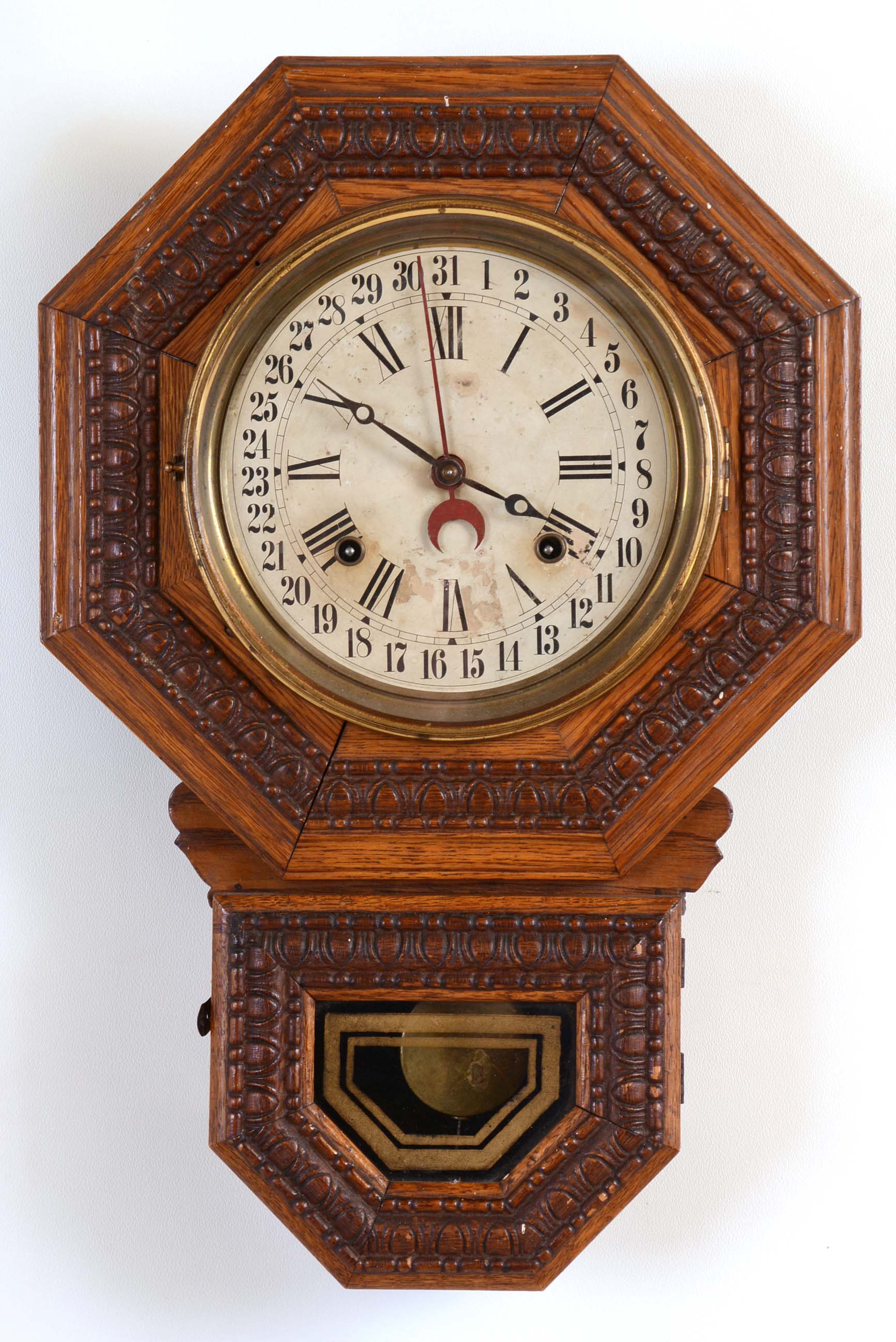 Clocks- 2 (Two): (1) E. Ingraham & Co., Bristol, Conn., "8-Inch Drop Octagon", 8 days, time and strike spring brass movement calendar clock. c1915 (2) New Haven Clock Co., New Haven, Conn., "Willis", 8 days, spring brass lever movement banjo timepiece. c1928 — Antique Clocks Price Guide