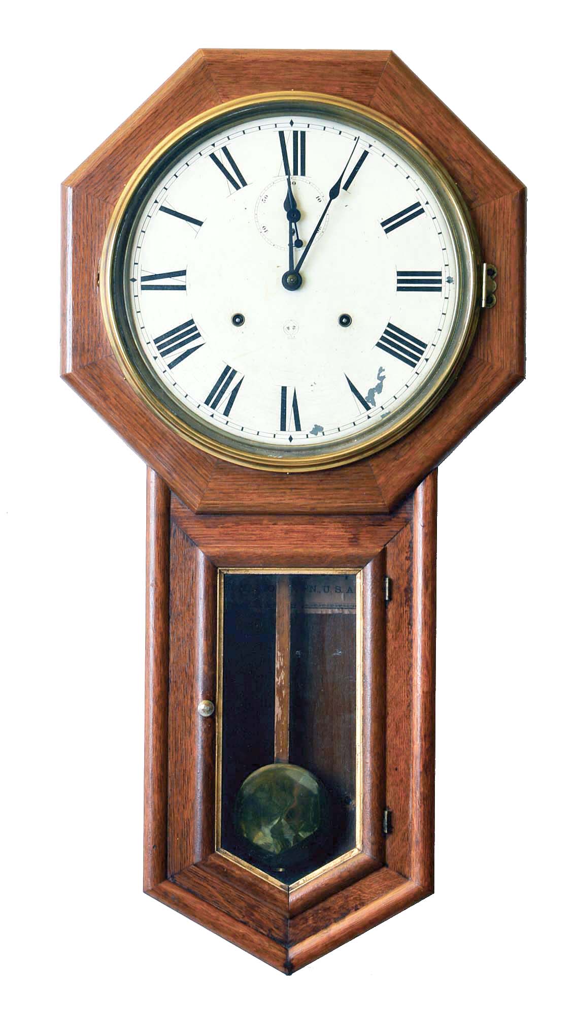 Clocks- 2 (Two): (1) Sessions Clock Co., Forestville, Conn., "Star Pointer" 8 days, spring brass movement wall timepiece. c1908. (2) Seth Thomas Clock Co., Thomaston, Conn., "World", 15 day, double wind spring brass movement wall timepiece. c1909 — Antique Clocks Price Guide