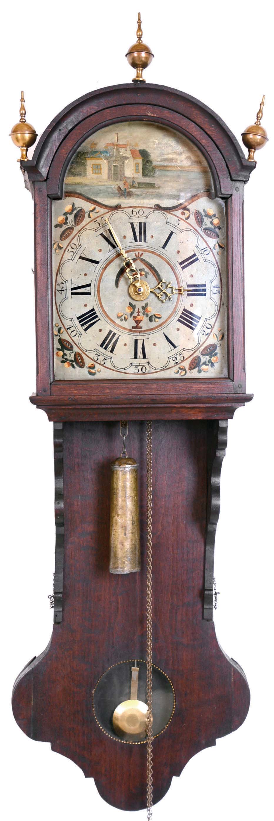 Dutch Staartklok or Friesland 30 hour one weight time, strike and alarm stained wood hooded wall clock , c1860 — Antique Clocks Price Guide