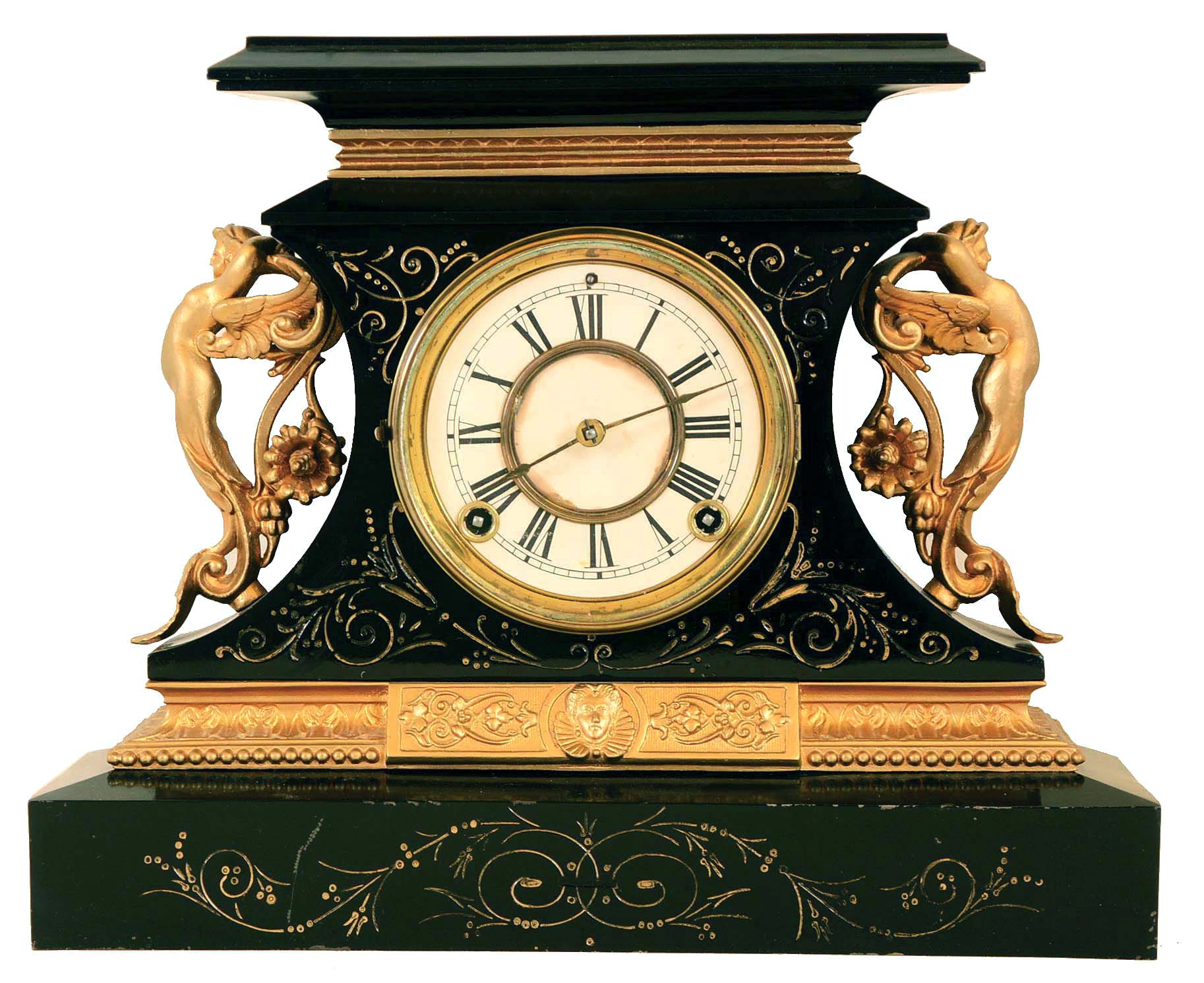 Ansonia Clock Co., New York, NY, "Rosalind" shelf clock with a spring driven 8 day, time and half hour strike movement in an enameled iron case. — Antique Clocks Price Guide