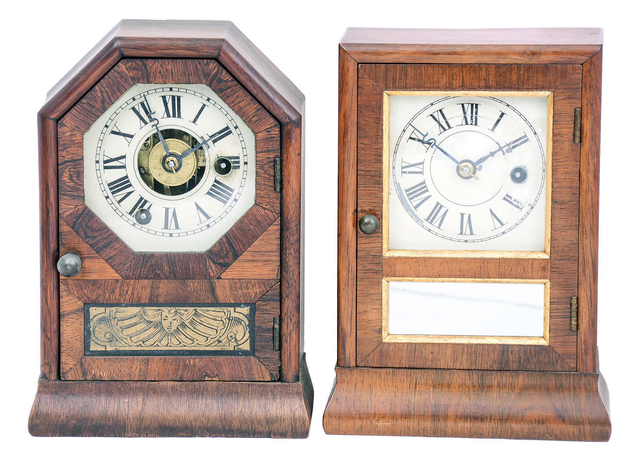 Clocks- 2 (Two): (1) Seth Thomas Clock Co., Plymouth Hollow, Conn., octagon top "Cottage" clock with a 30 hour time and alarm movement in a rosewood veneered case; c1865 (2) Seth Thomas Clock Co. Plymouth Hollow, Conn., flat top. "Cottage" clock with a 30 hour timepiece movement in a rosewood veneered case; c1865. — Antique Clocks Price Guide