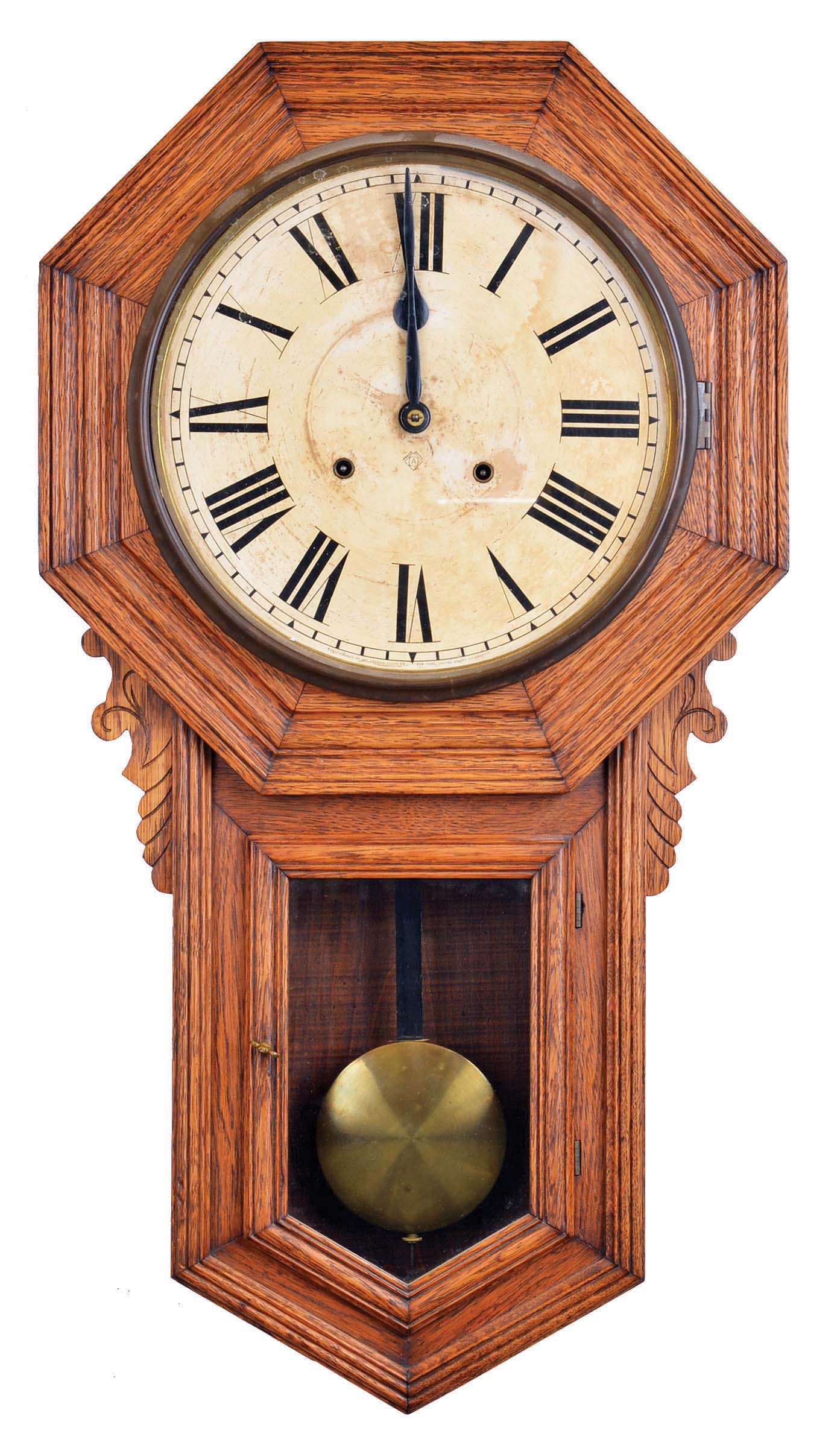 Clocks- 2 (Two): (1) Ansonia Clock Co., New York, NY, "Regulator B", 8 day, time and strike spring brass movement wall clock. c1901. (2) E. Ingraham & Co., Bristol, Conn., "Western Union", 8 days, spring brass movement wall timepiece. c1911 — Antique Clocks Price Guide