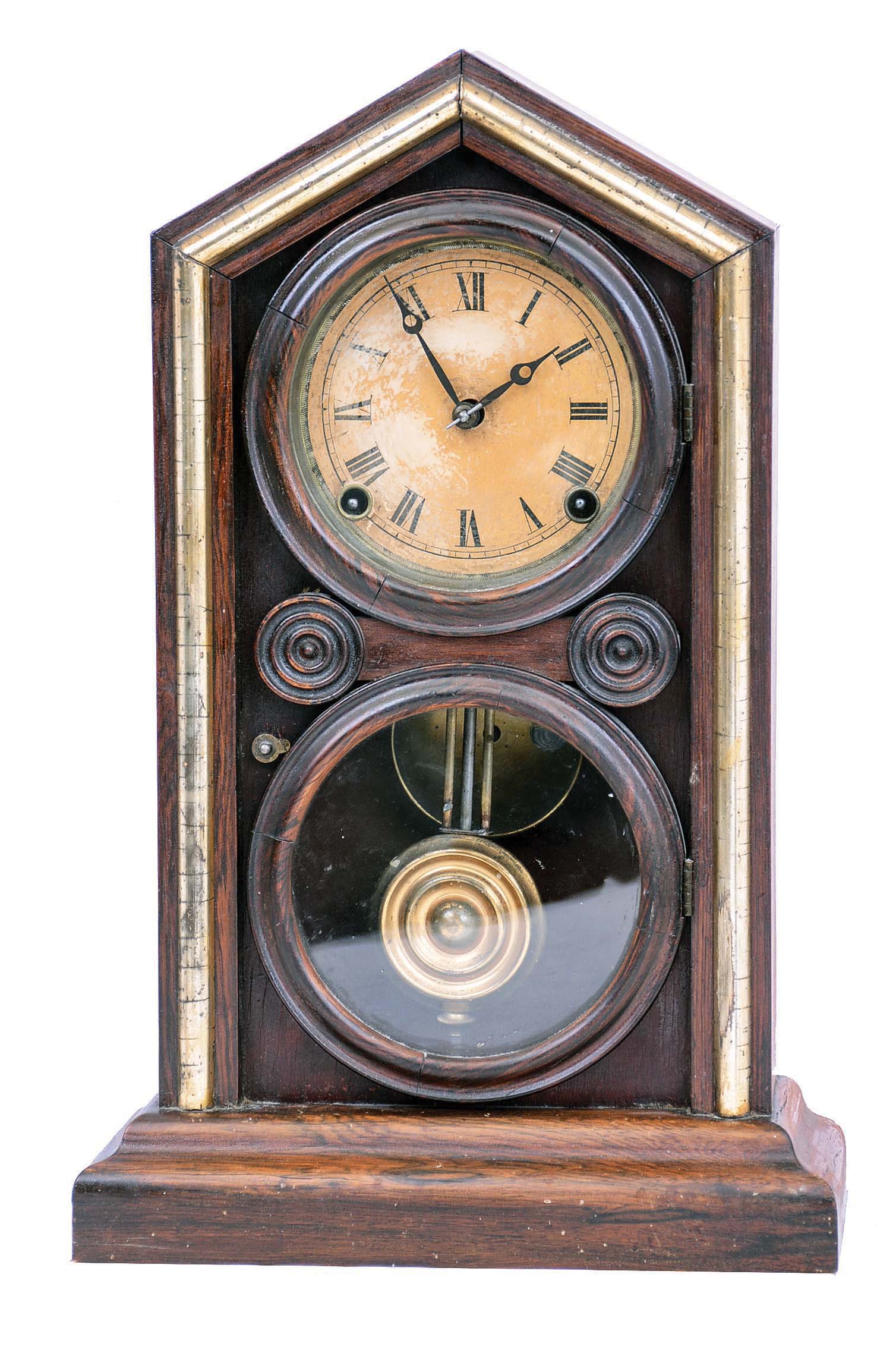Clocks- 2 (Two): (1) Seth Thomas Clock Co,, Thomaston, Conn., "Chime Clock No. 60" tambour mantel clock with a 8 days spring driven time and Westminster strike movement in a mahogany case. c1935. (2) E. Ingraham & Co., Bristol, Conn., "Doric. Extra" with optional gilt band, mantel clock with an 8 day spring driven time and strike movement in a rosewood veneered case, c1880. — Antique Clocks Price Guide