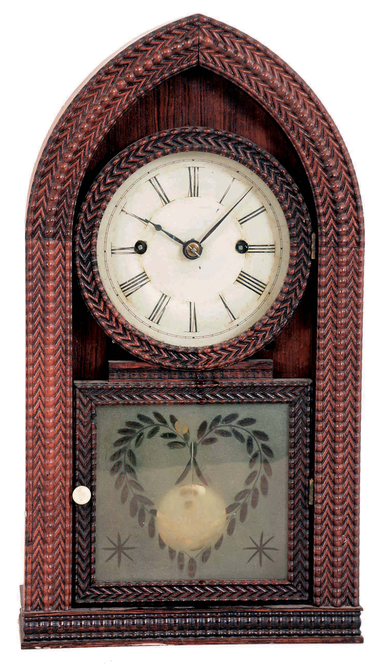 Forestville Mfg. Co., J.C. Brown, Bristol, Conn., 8 day, time and strike, brass fusee-spring driven movement in a rippled molding round Gothic or "beehive" case. — Antique Clocks Price Guide