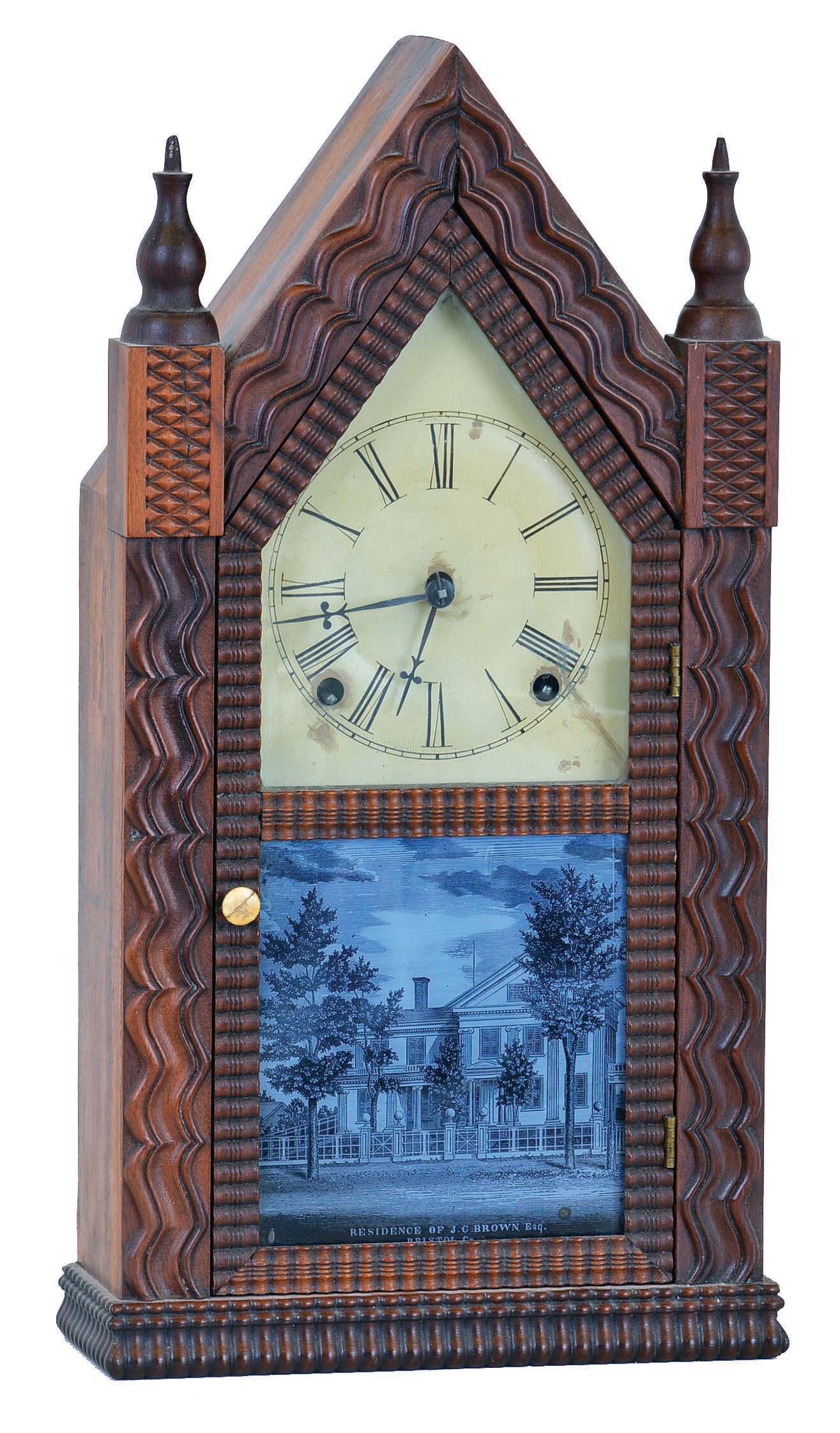 J. C. Brown, Bristol, Conn., 8 day time & strike movement in full size rippled sharp Gothic or "steeple" case. — Antique Clocks Price Guide