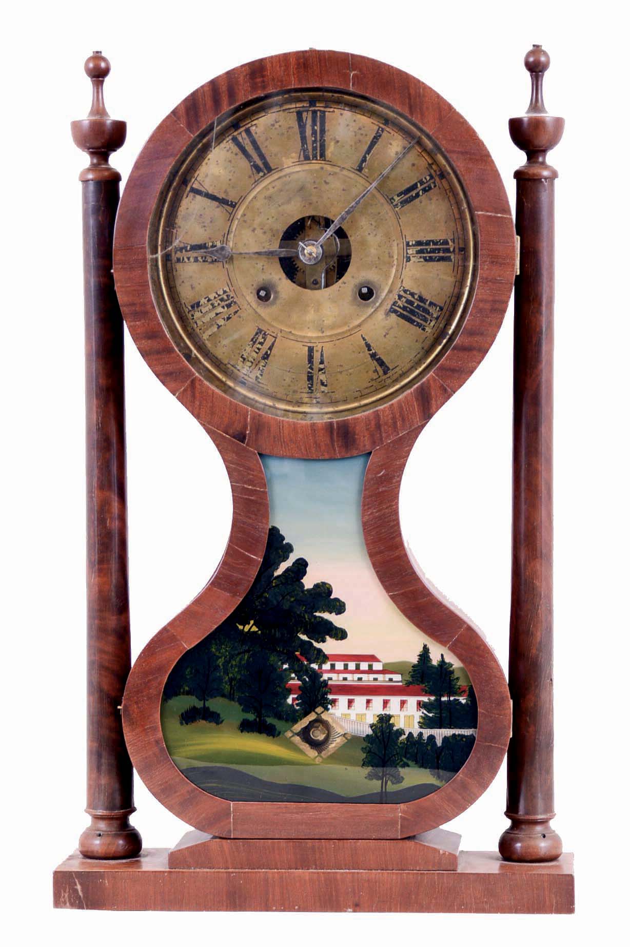 Joseph Ives, Plainville, Conn., "Hour Glass" mantle clock, 30 hour, time and strike, powered by single "wagon-spring" attached inside the top of the case with fixed lantern pinions instead of typical Ives rolling pinions, A cast iron frame supports the movement and spiral gong base in an hour glass shaped mahogany veneer case with reverse painted lower tablet and turned columns with urn finials. The brass dial has a raised chapter ring with painted black numerals. — Antique Clocks Price Guide