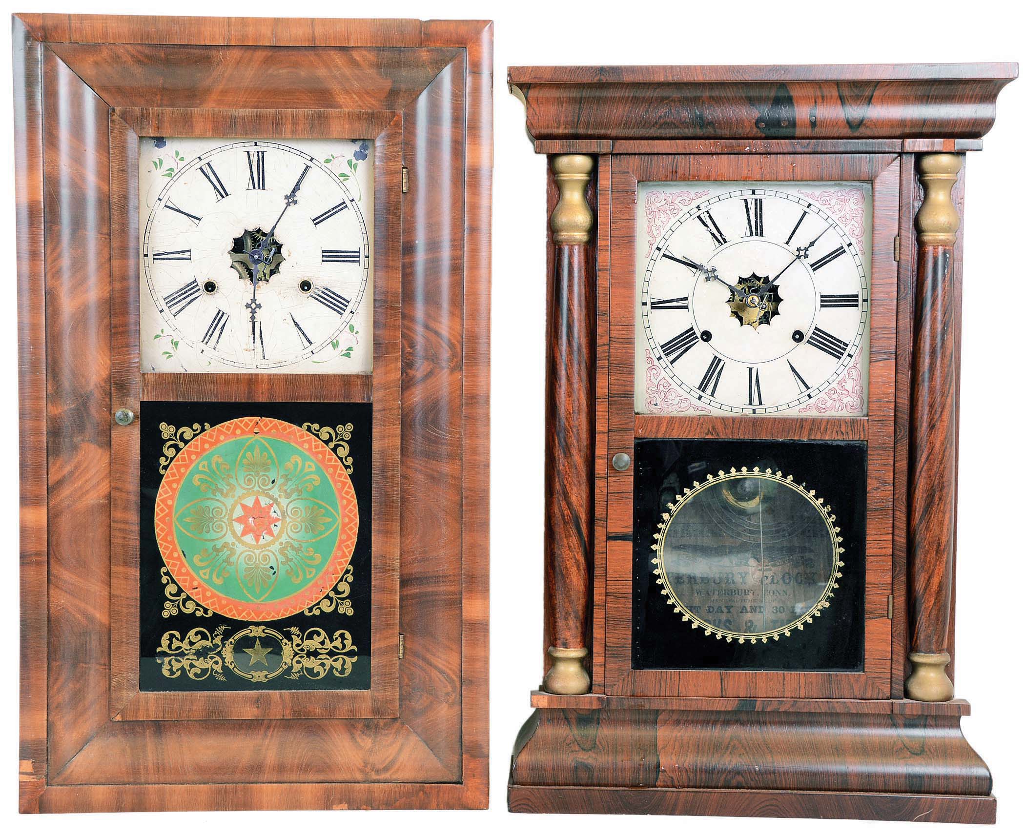 Clocks- 3 (Three): E. N. Welch Mfg. Co. Forestville, Conn., 30 hour, time and strike weight brass movement OOG shelf clock. c1875 (2) Waterbury Clock Co., Waterbury, Conn., "Column", 30 hour, time and strike weight brass movement column & cornice shelf clock. c1870 (3) Connecticut, Possibly an E. Terry & Sons, 30 hours, time and strike weight wood movement quarter column & splat shelf clock. c1830 — Antique Clocks Price Guide