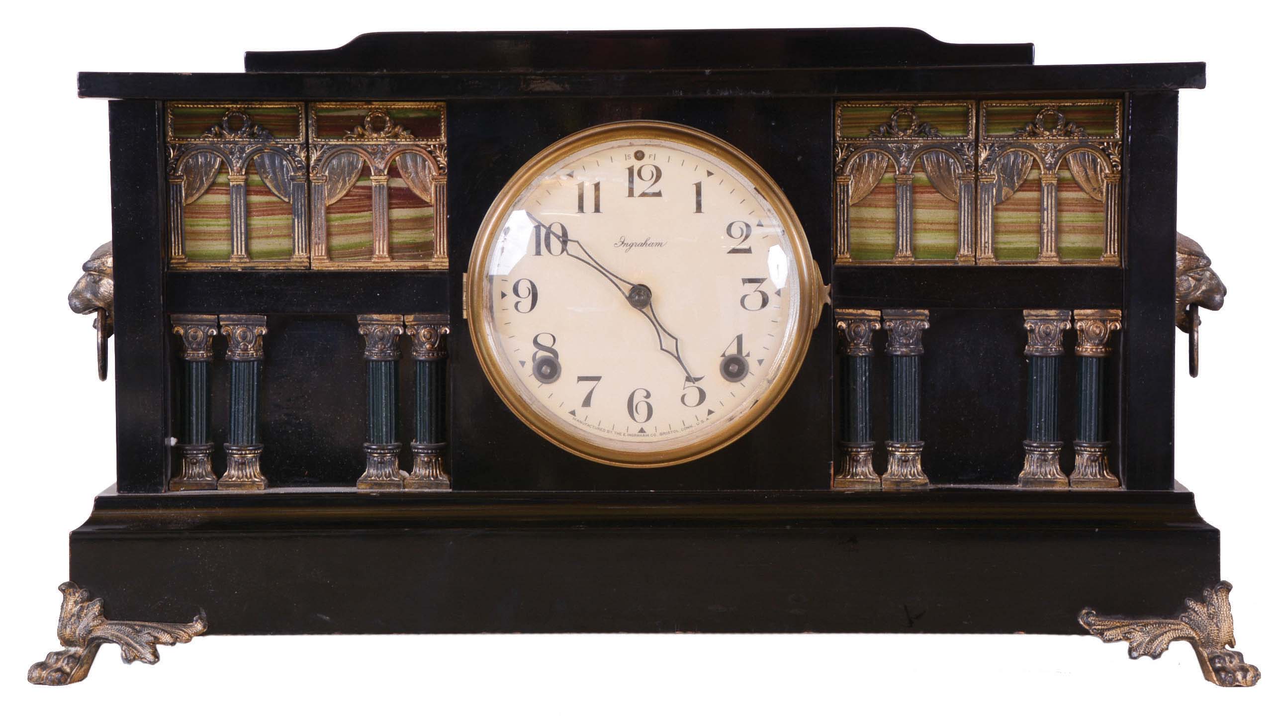 E. Ingraham & Co., Bristol, Conn., "Palace", 8 days, time and strike spring brass movement enameled black mantel clock. — Antique Clocks Price Guide