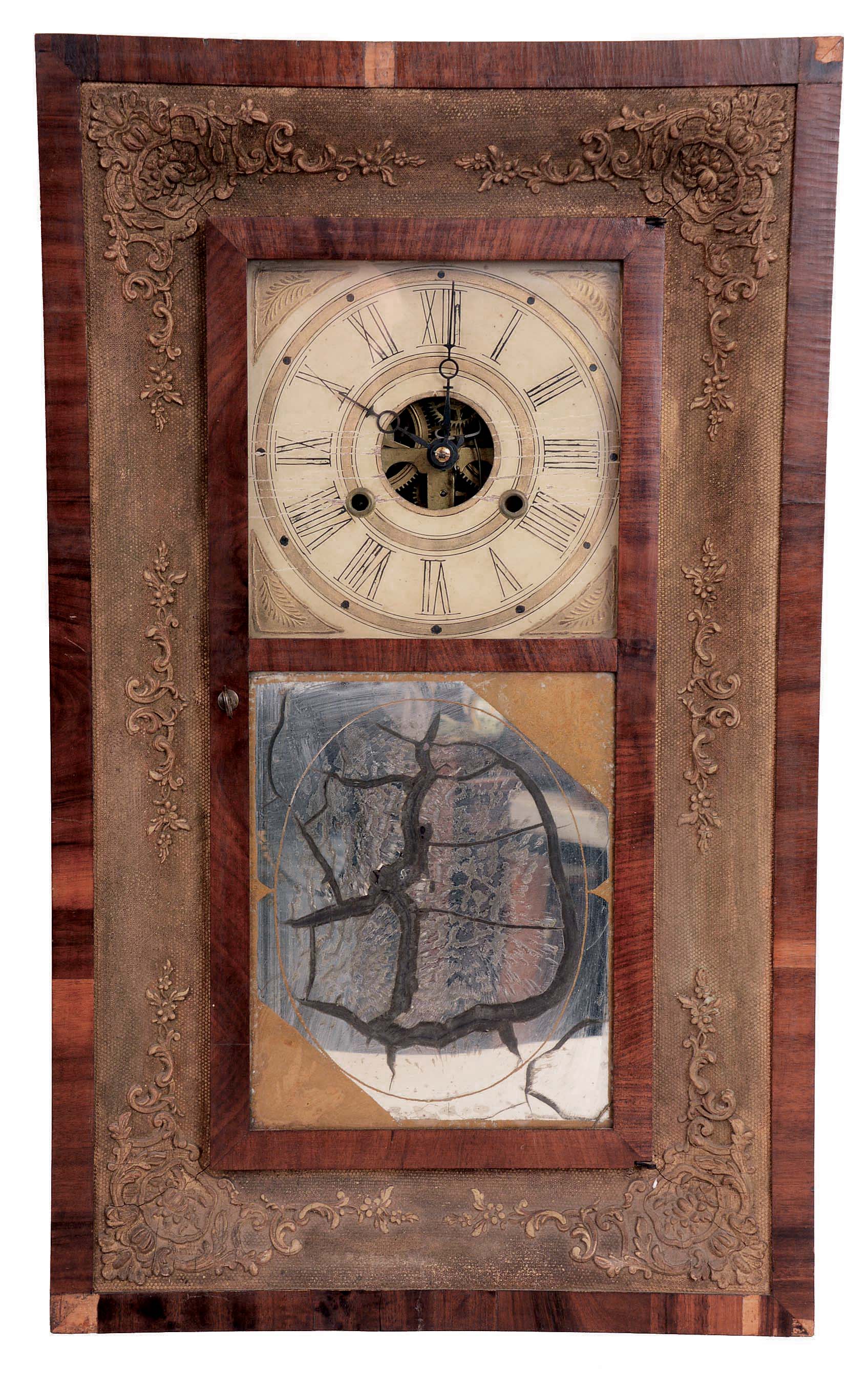 Unknown, Connecticut 30 hour, time and strike weight brass movement in mahogany and gilt front OG shelf clock. These clocks were made by such firms as: H. Welton & Co., Terrysville, Conn., and William S. Johnson, New York. — Antique Clocks Price Guide