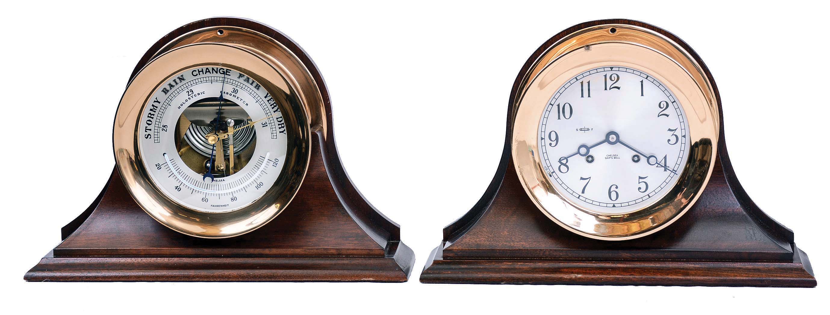 Chelsea Clock Co., Boston, Mass., lacquered brass 5.5" dial ship's bells 8 day clock #770311 and barometer pair with mahogany cradles, c1973 — Antique Clocks Price Guide