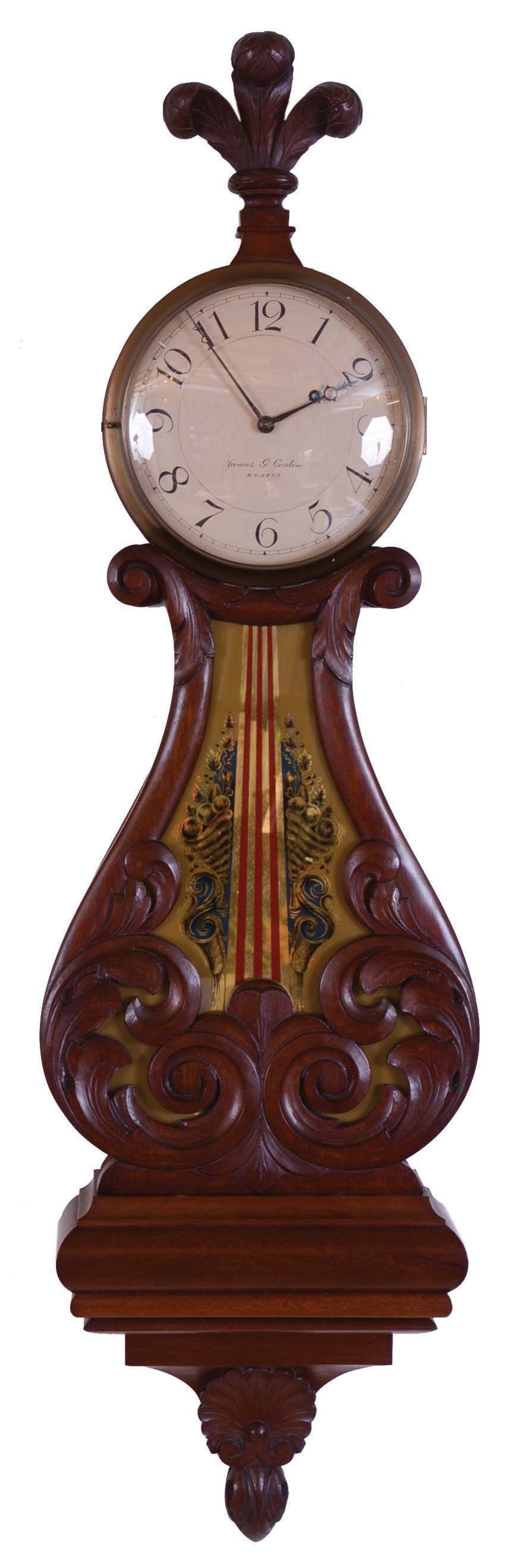 James G. Conlon, Boston, Mass., lyre hanging clock with a weight driven 8 days timepiece brass movement in a mahogany case. — Antique Clocks Price Guide