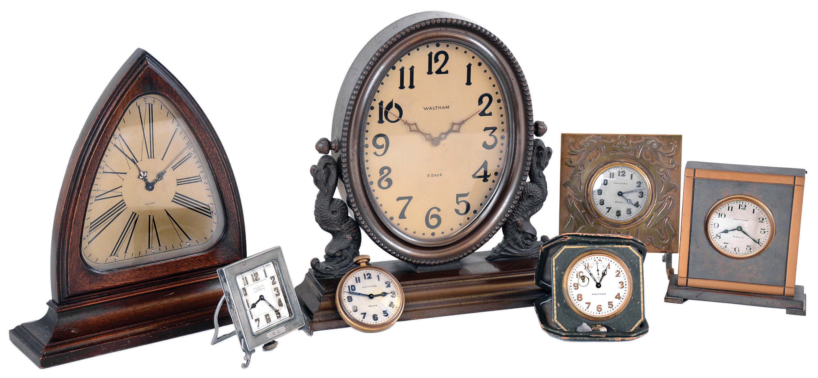 Clocks- 7 (Seven) Waltham 8 day time only: bronze library clock; mahogany library clock; two travel clocks, one in folding leather case; 3 metal-case desk clocks; early 20th century — Antique Clocks Price Guide