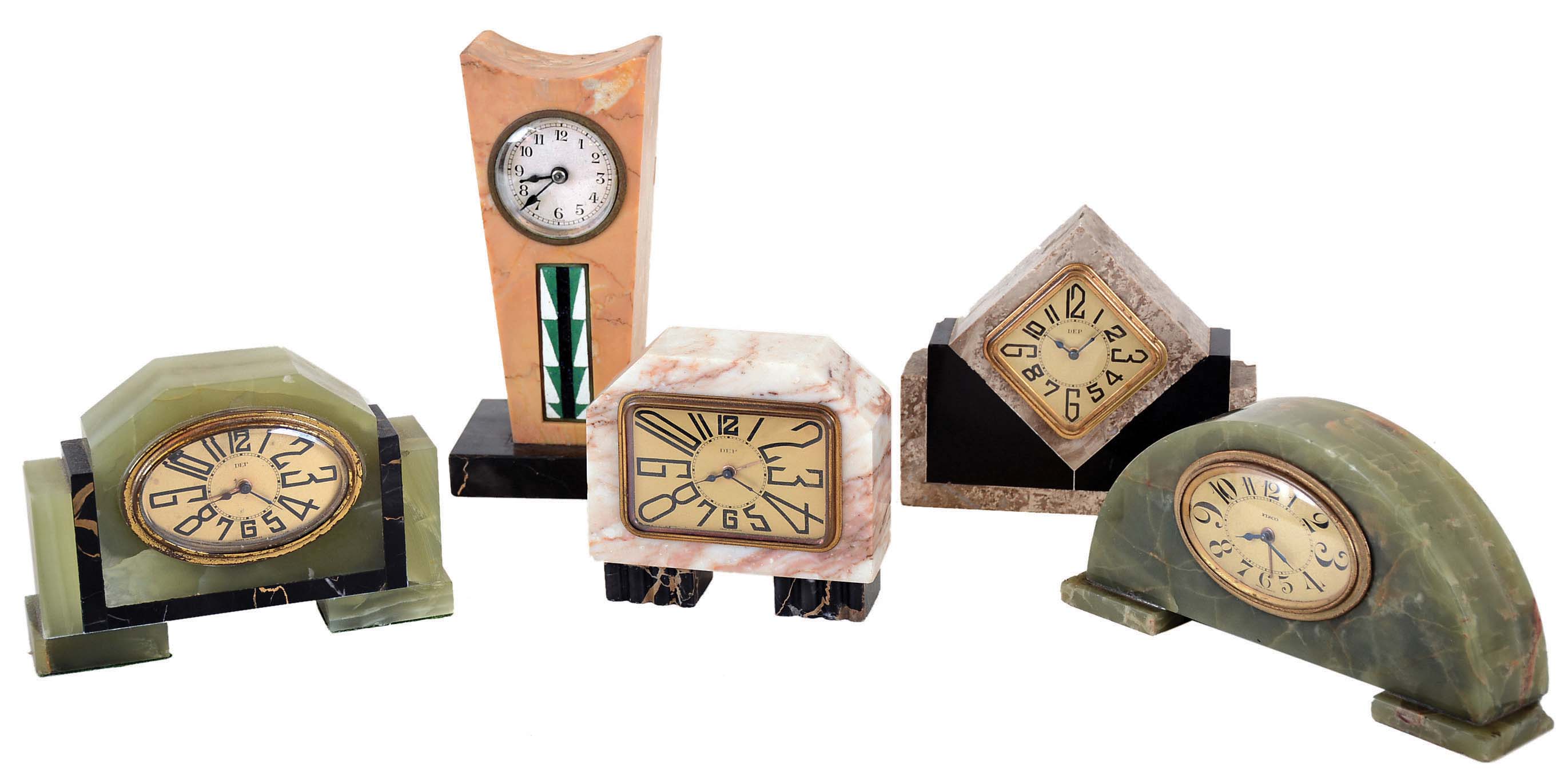 French Art Deco 8 day marble onyx or other stone cased desk clocks: three "DEP", one "Fisco", one "Ch. Hour"; early 20th century. — Antique Clocks Price Guide