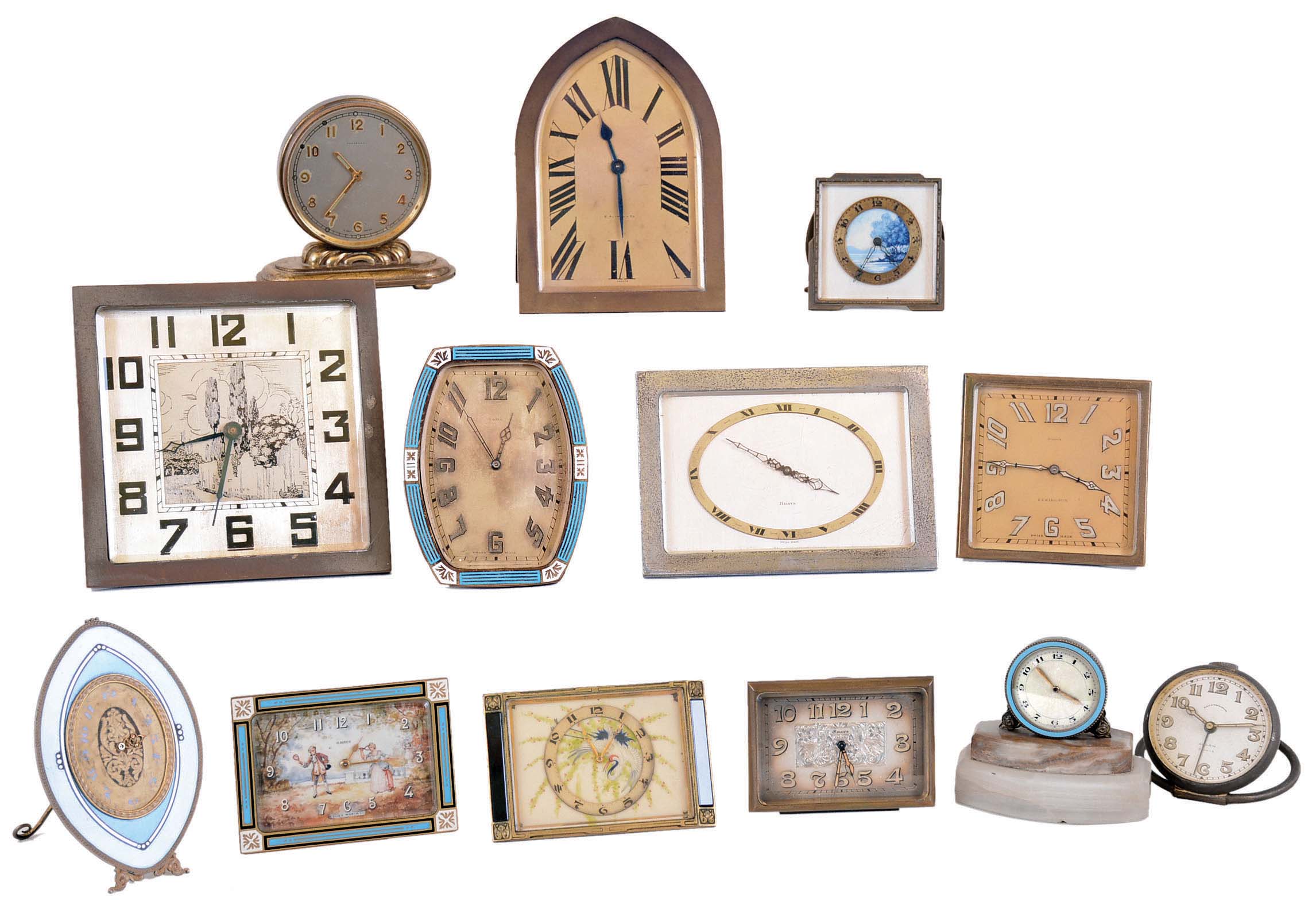 Clocks- 13 (Thirteen) Swiss metal desk ornate small 8 day, one with alarm, early 20th century — Antique Clocks Price Guide