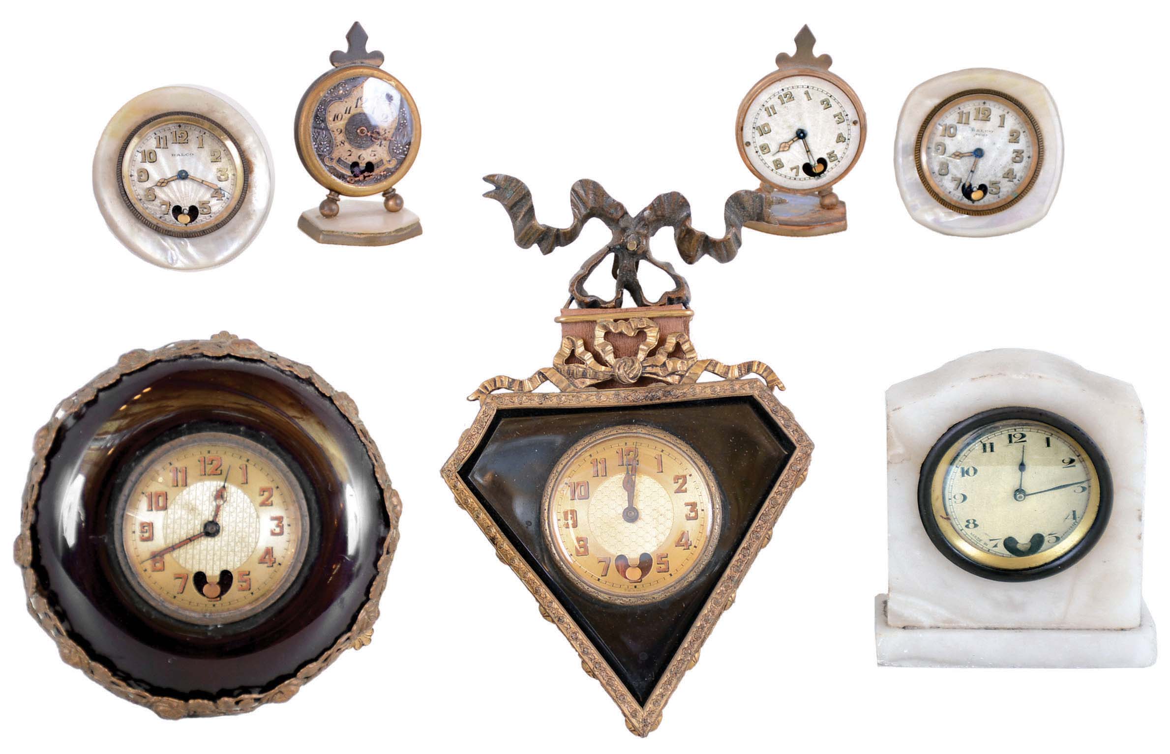 Clocks- 7 (Seven) European "beating heart" 30 hour small desk clocks from Switzerland, France, Germany,and Austria; two signed by Ralco and L.S. Mayer; early 20th century — Antique Clocks Price Guide
