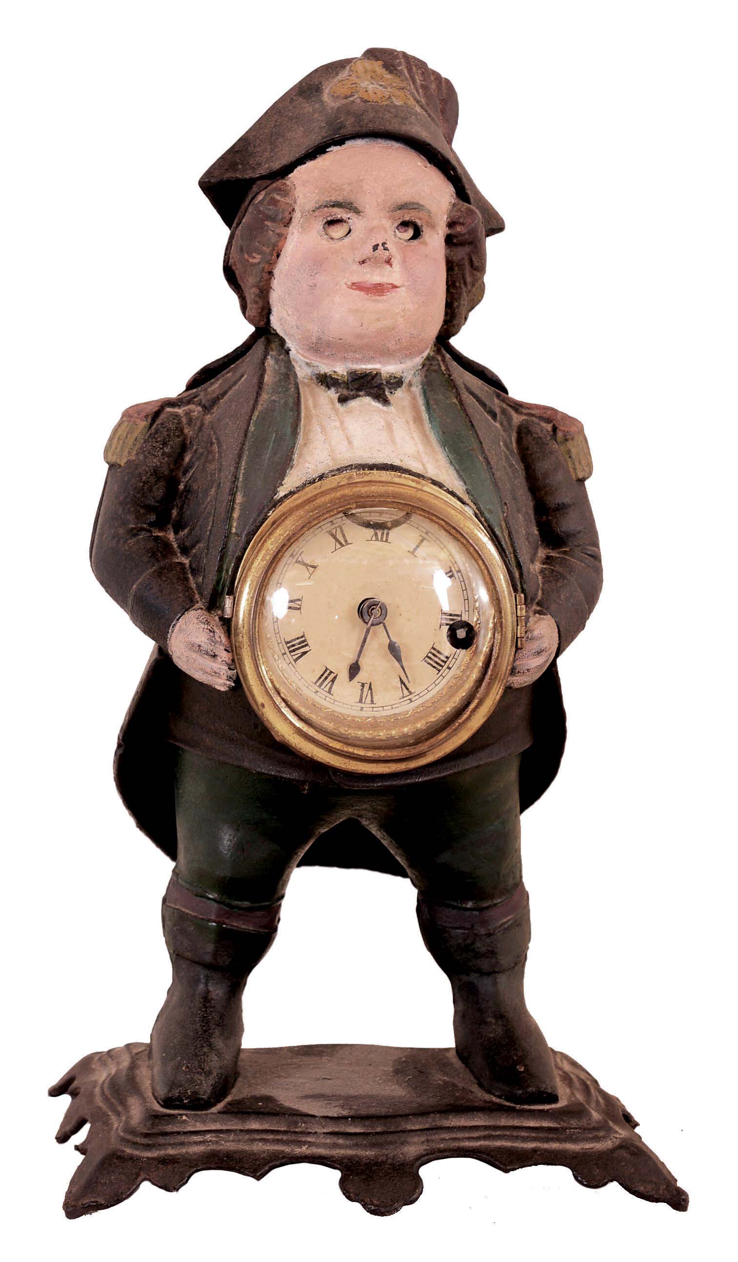 Unsigned (these were sold by the American Clock Co., Waterbury Clock Co. and others) "Continental" blinking eye cast iron clock with a cast iron case cast by Bradley & Hubbard, Meriden, Conn., 30 hour lever timepiece movement. — Antique Clocks Price Guide