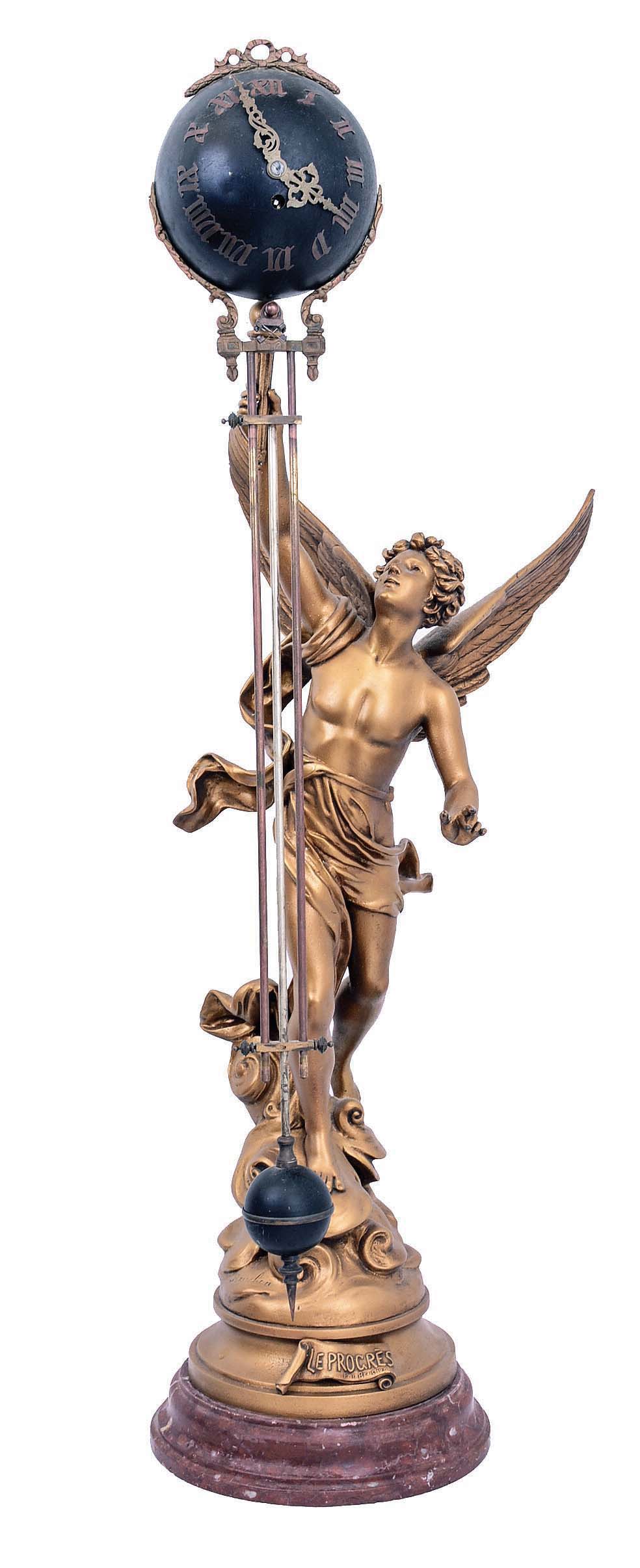 French, large swinger, or mystery swinging cast spelter timepiece, the statue of "LE PROGRES" after the original by Bruchon, a winged male. — Antique Clocks Price Guide