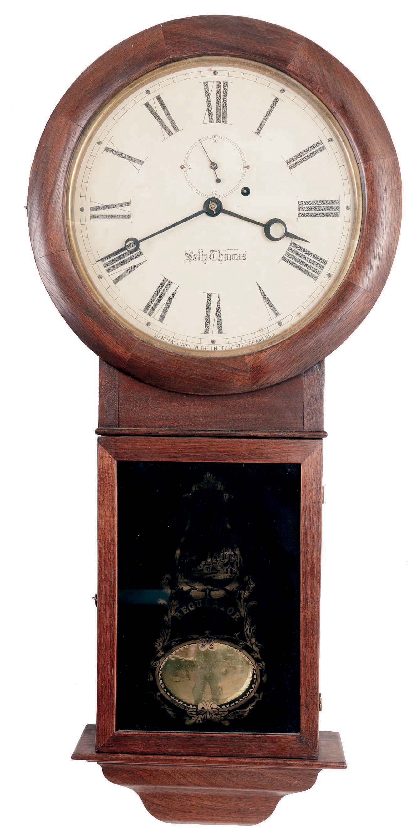 Seth Thomas Clock Co., Thomaston, Conn., "Regulator No. 1" wall clock with a weight driven 8 day timepiece movement in a rosewood veneered case. — Antique Clocks Price Guide