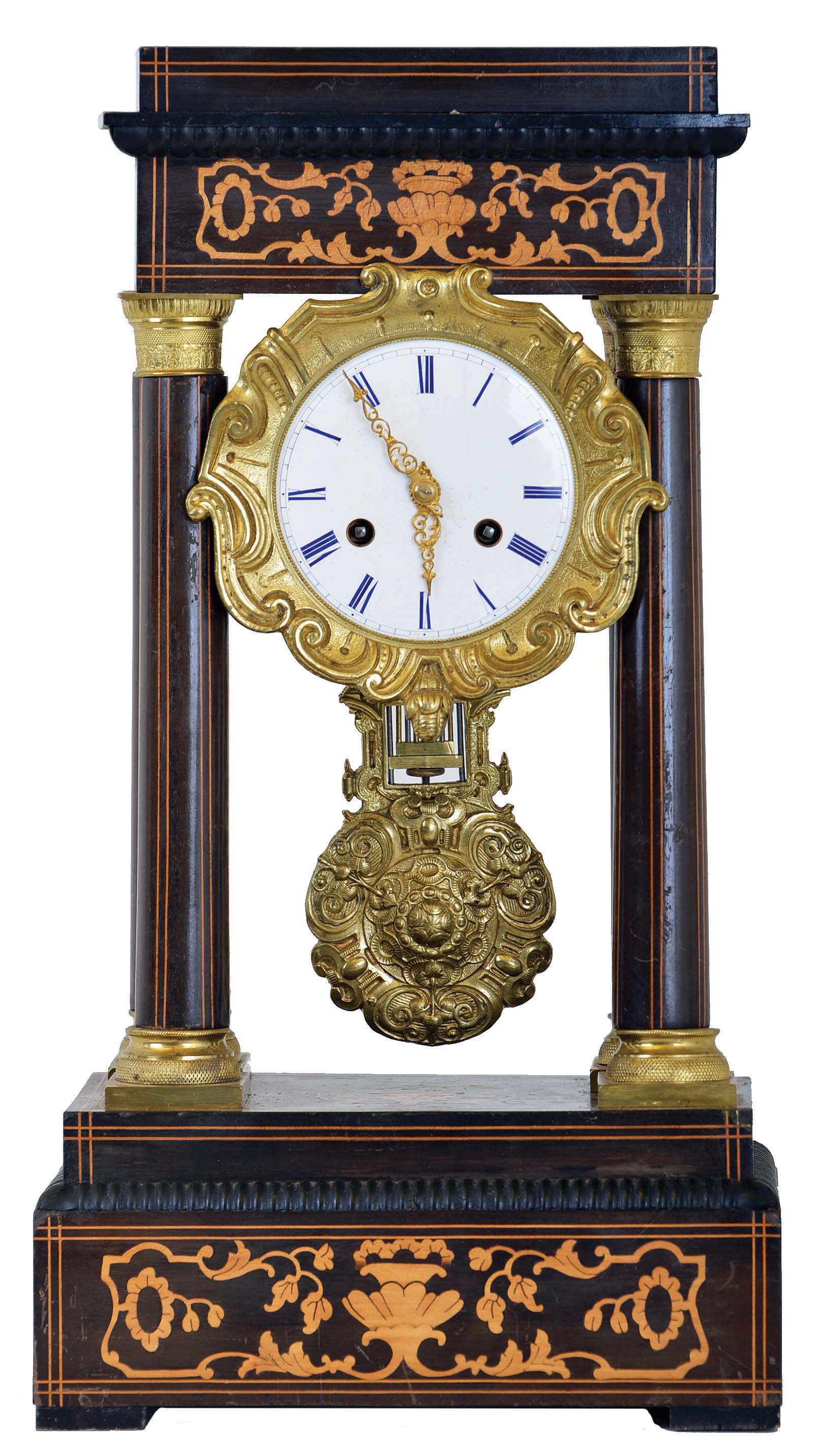 French, Empire style 4-column wooden cased portico clock of mahogany with contrasting satin wood inlay, and with grid pendulum with heavy cast brass bob, now polished. — Antique Clocks Price Guide