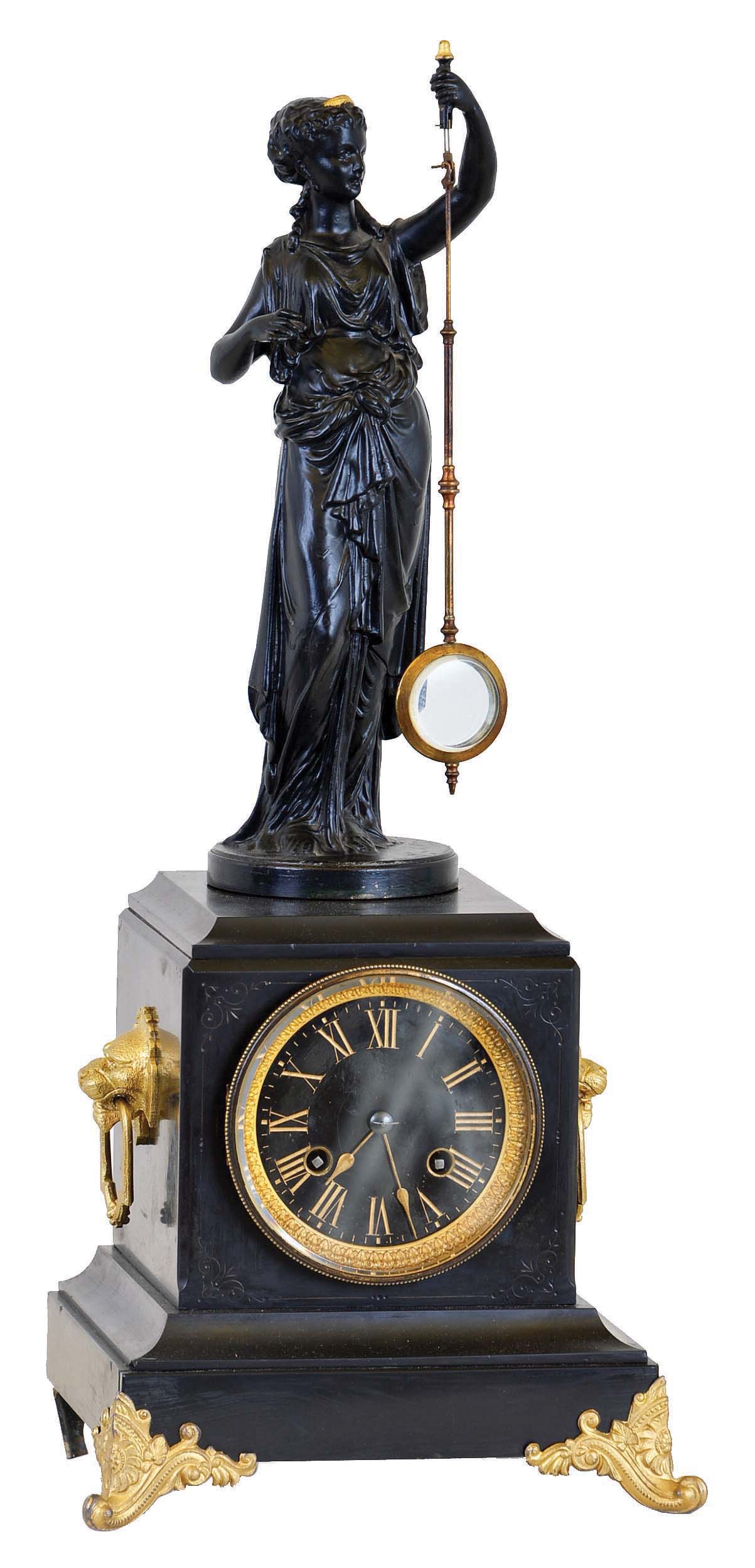 French, MYSTERY clock, time and bell strike, with Guilmet patent movement [signed], in a black marble case, accented with lions to the sides and with cast feet, the statue above carrying the glass lens pendulum, moving with no apparent impulse. — Antique Clocks Price Guide