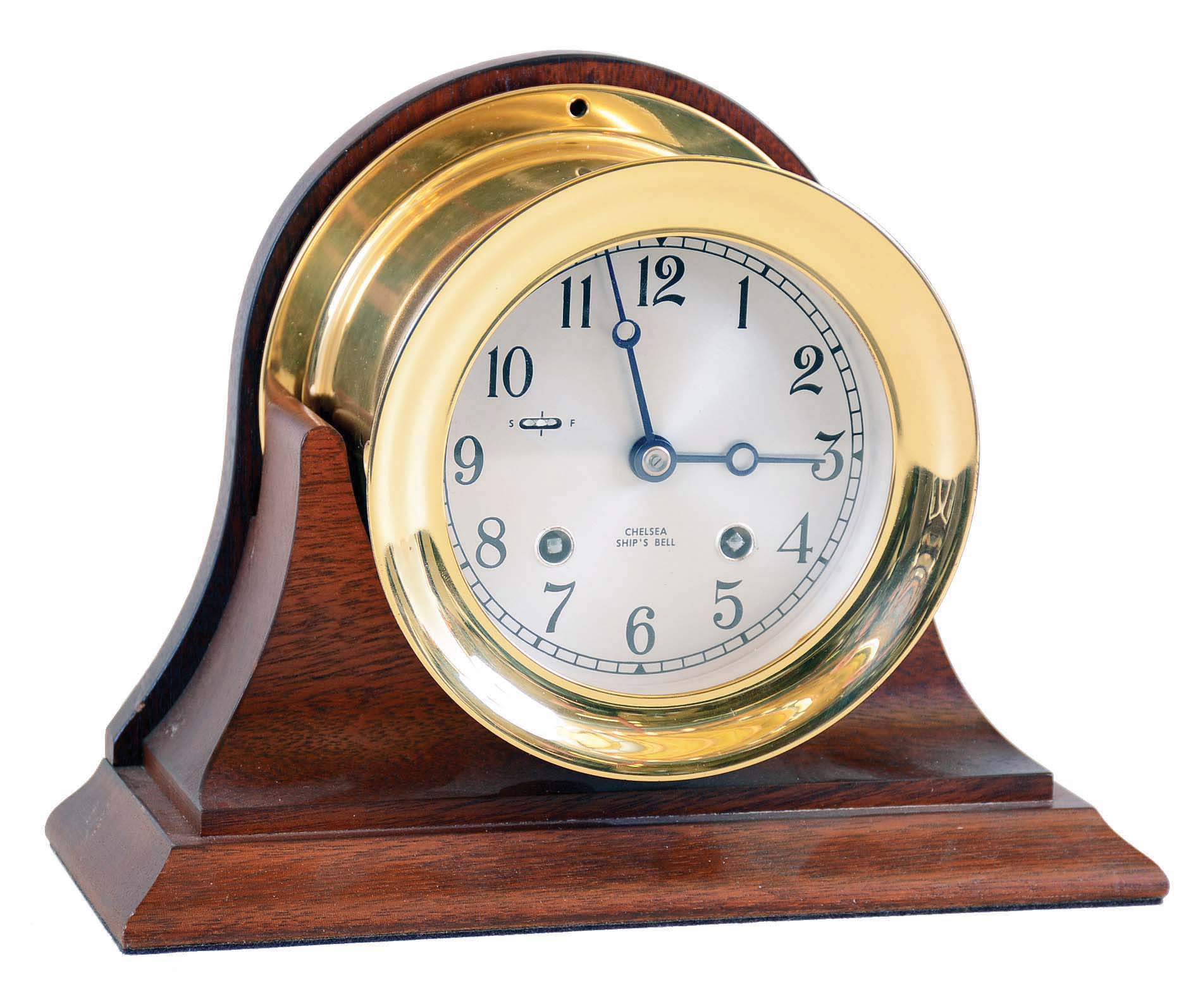 Chelsea Clock Co, Boston, Mass., 8 day ship's bell marine clock in mahogany cradle, 4" dial, #848245, — Antique Clocks Price Guide
