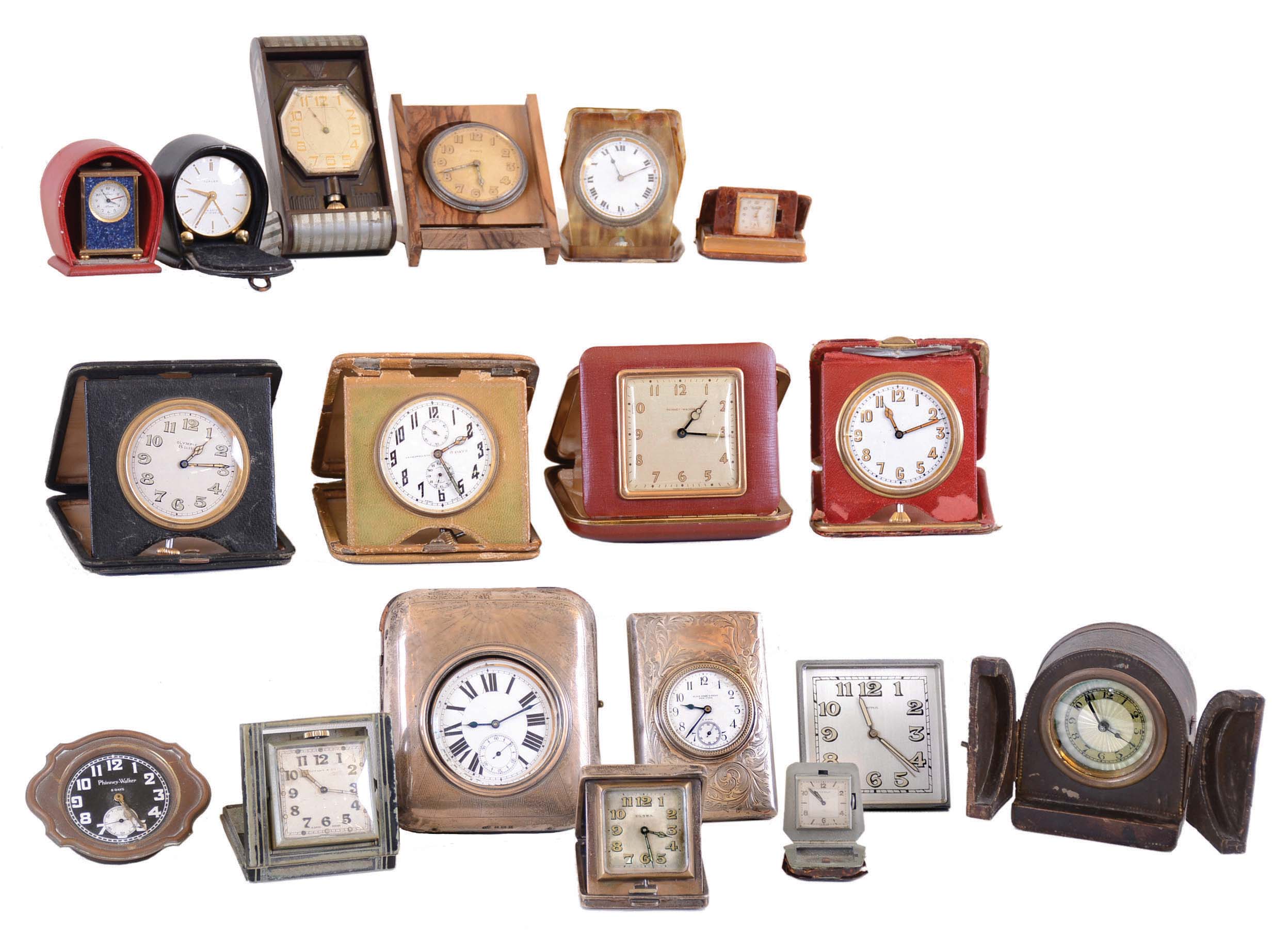 Clocks- 18 (Eighteen) European travel and small cased clocks; visible maker and seller names include Ultra, Nepro, Turler, Tiffany, Kelbert, Olympic, Benrus, Black Starr & Frost (in sterling case) , J.E. Caldwell, Eterna, Phinney Walker, Majestic, etc. Early 20th century — Antique Clocks Price Guide