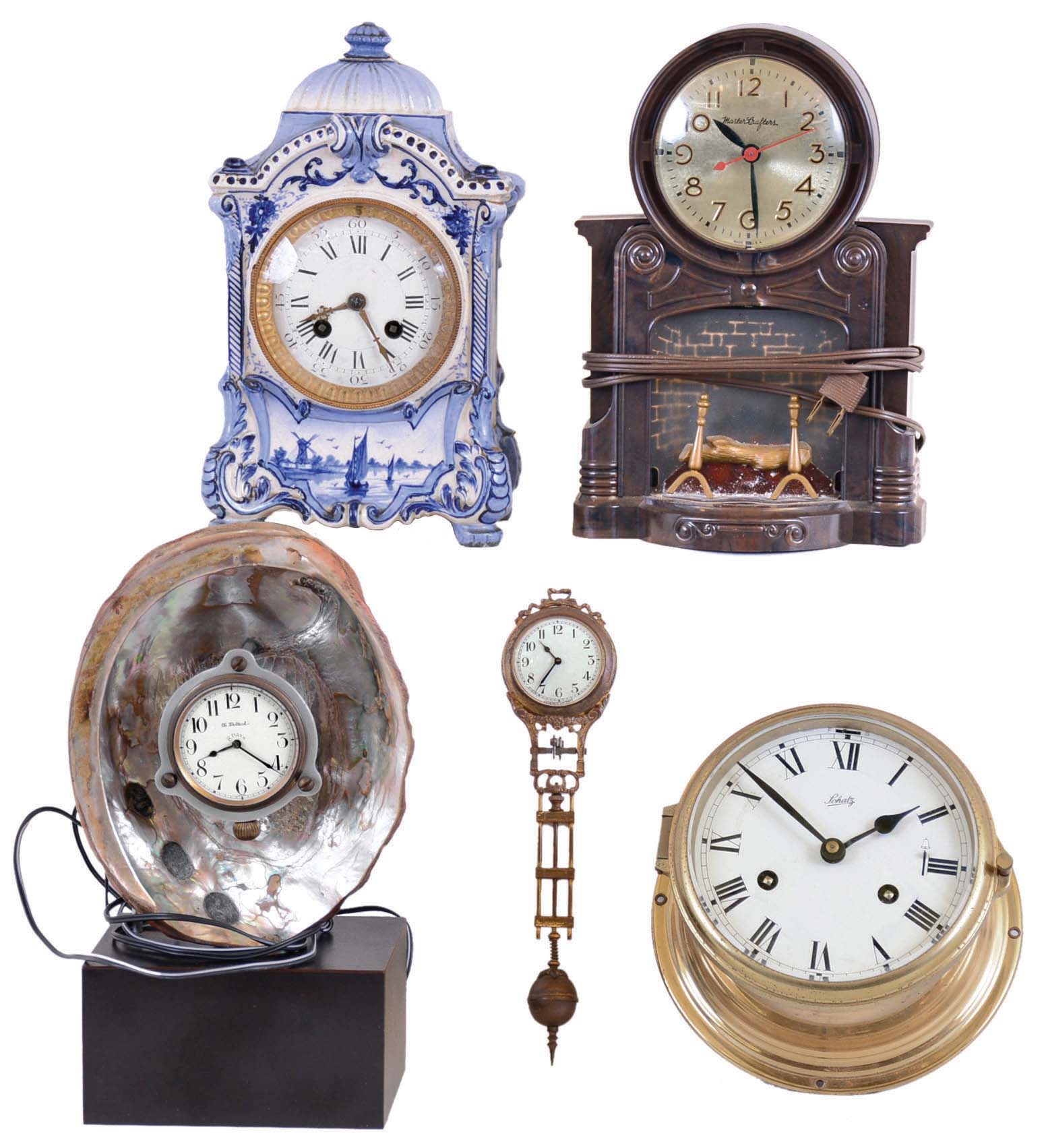 Clocks- 5 (Five): Mastercrafters "fireplace" electric, Schatz German 8 day marine with ship's bells, French in blue/white China case, illuminated seashell with "Eli Wallach" on small clock dial, and Junghans swinger (no base) ; all vintage — Antique Clocks Price Guide