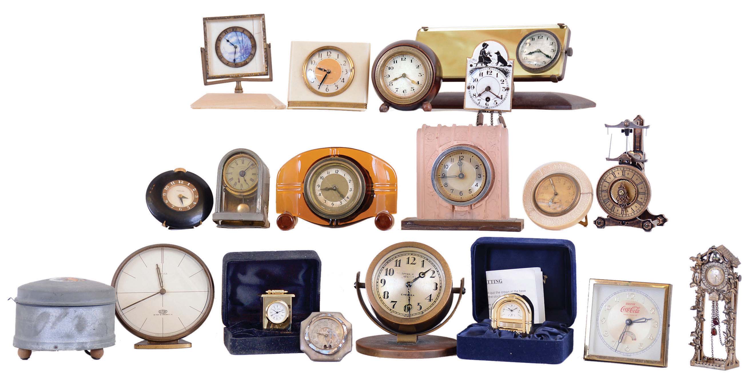 Clocks- 19 (Nineteen) mostly vintage mechanical, includes Chelsea "Corona" for Tiffany. Other names include Westclox, Abercrombie & Fitch, Parker & Whipple, Kienzle for duPont, Linden, and W. Widdop quartz in folding box with gift note to Eli Wallach from actor Brian Murray — Antique Clocks Price Guide