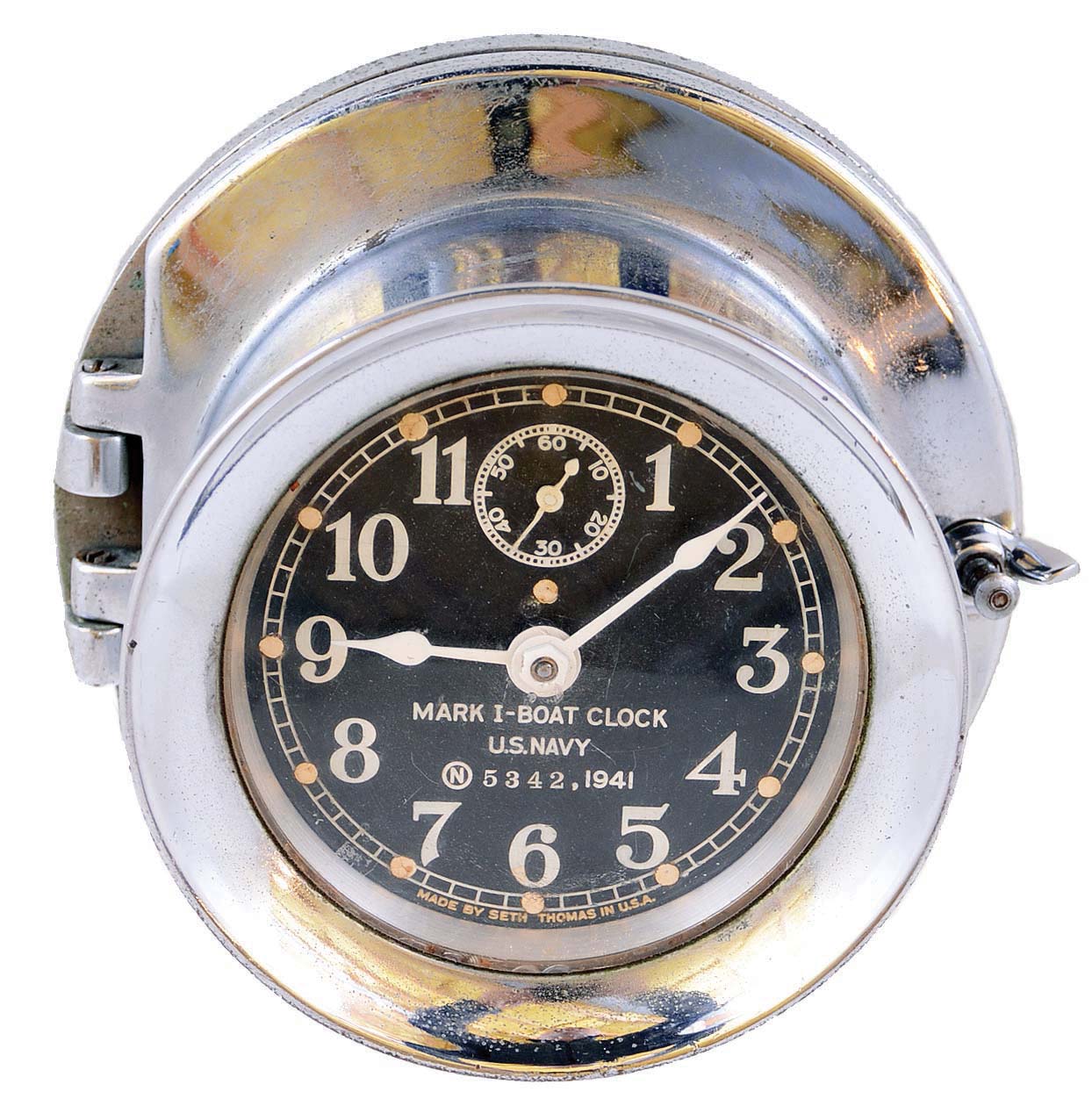 Seth Thomas Clock Co., Thomaston, Conn., "Mark 1" Boat Clock U.S. Navy 5342, time only 8 day, in nickel plated brass case and black 3" dial, dated 1941 — Antique Clocks Price Guide