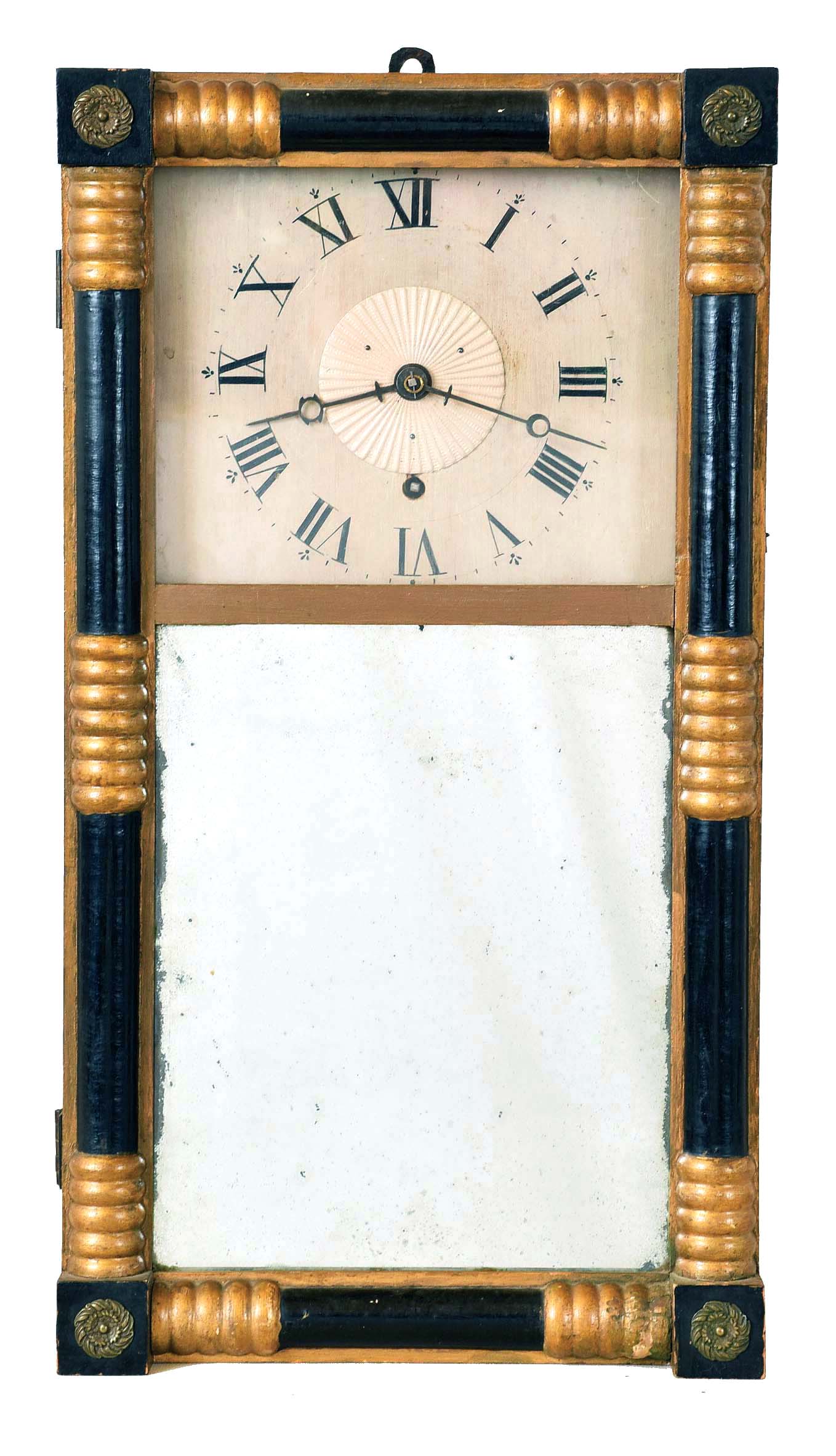 New Hampshire style mirror clock in small rustic case with later 8 day brass movement and painted wooden dial. — Antique Clocks Price Guide