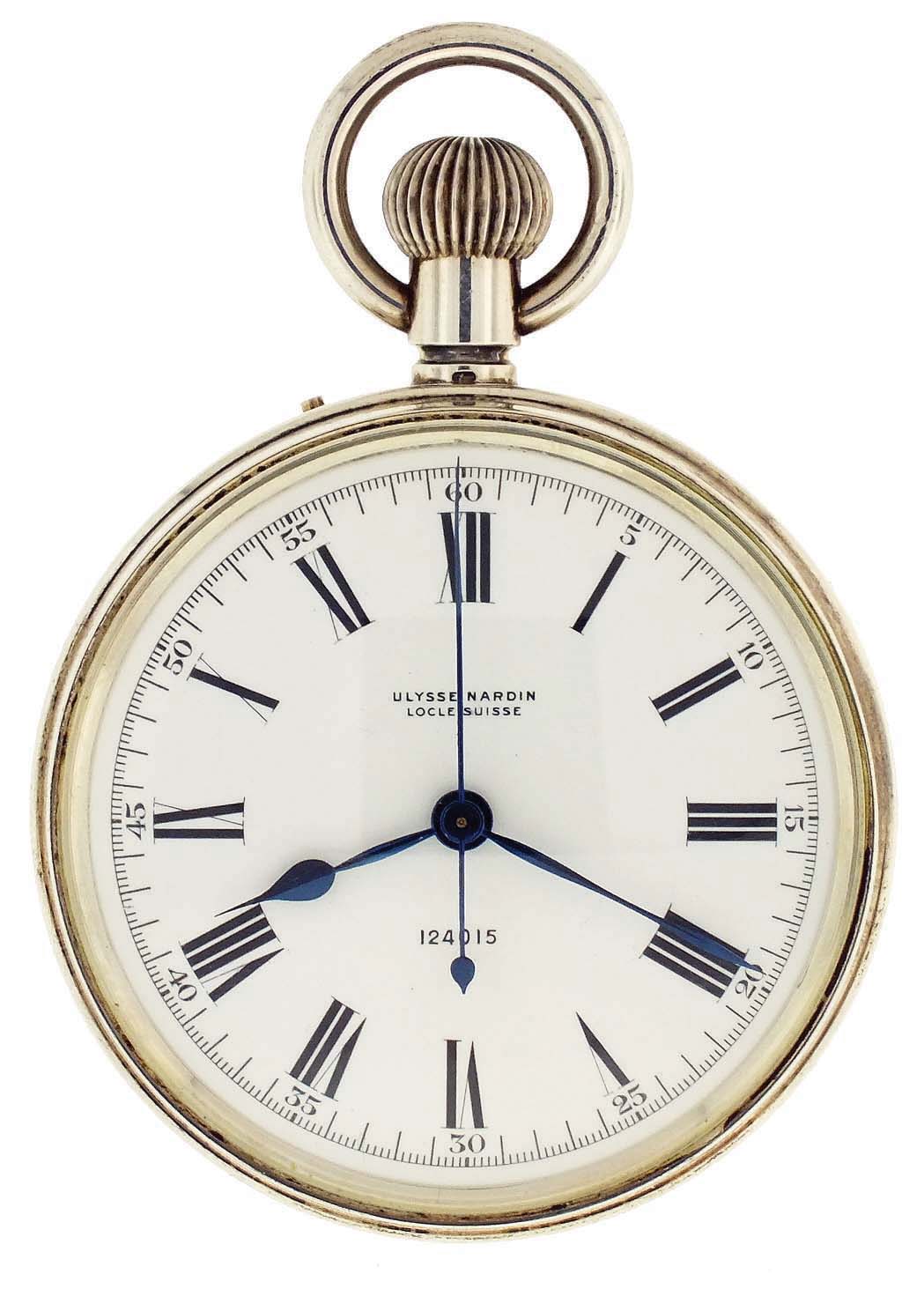 Ulysse Nardin, Le Locle & Geneva, Switzerland, chronometer watch, 22 ligne, 19 jewels, stem wind, pin set, gilt bar movement with lever escapement, Guillaume balance, double roller, gold timing screws and micrometric regulator in a sterling silver, screw back and snap bezel, open face case, with Roman numeral, outer black 5-minute markers, white enamel dial, blued steel spade and poker hands, serial #124015. — Antique Clocks Price Guide
