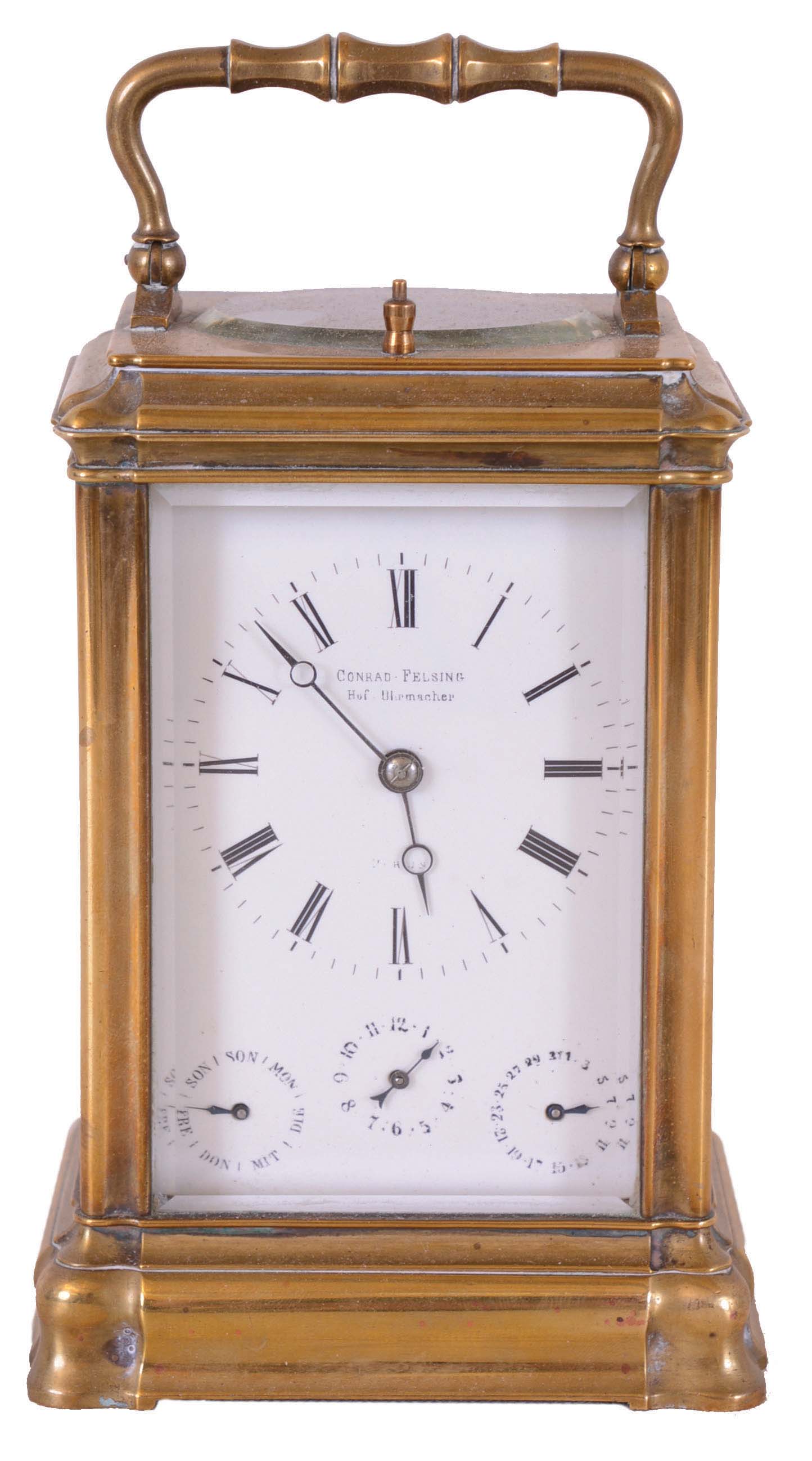 France, for Conrad Felsing, Berlin, hour repeating carriage clock, glazed Gorge case, Roman numeral white enamel dial with subsidiary displays for month, date, and alarm, blued steel Breguet style hands, 8 day time and strike movement with lever platform, sounding the hours and half hour on a bell, and repeating the hour on demand — Antique Clocks Price Guide