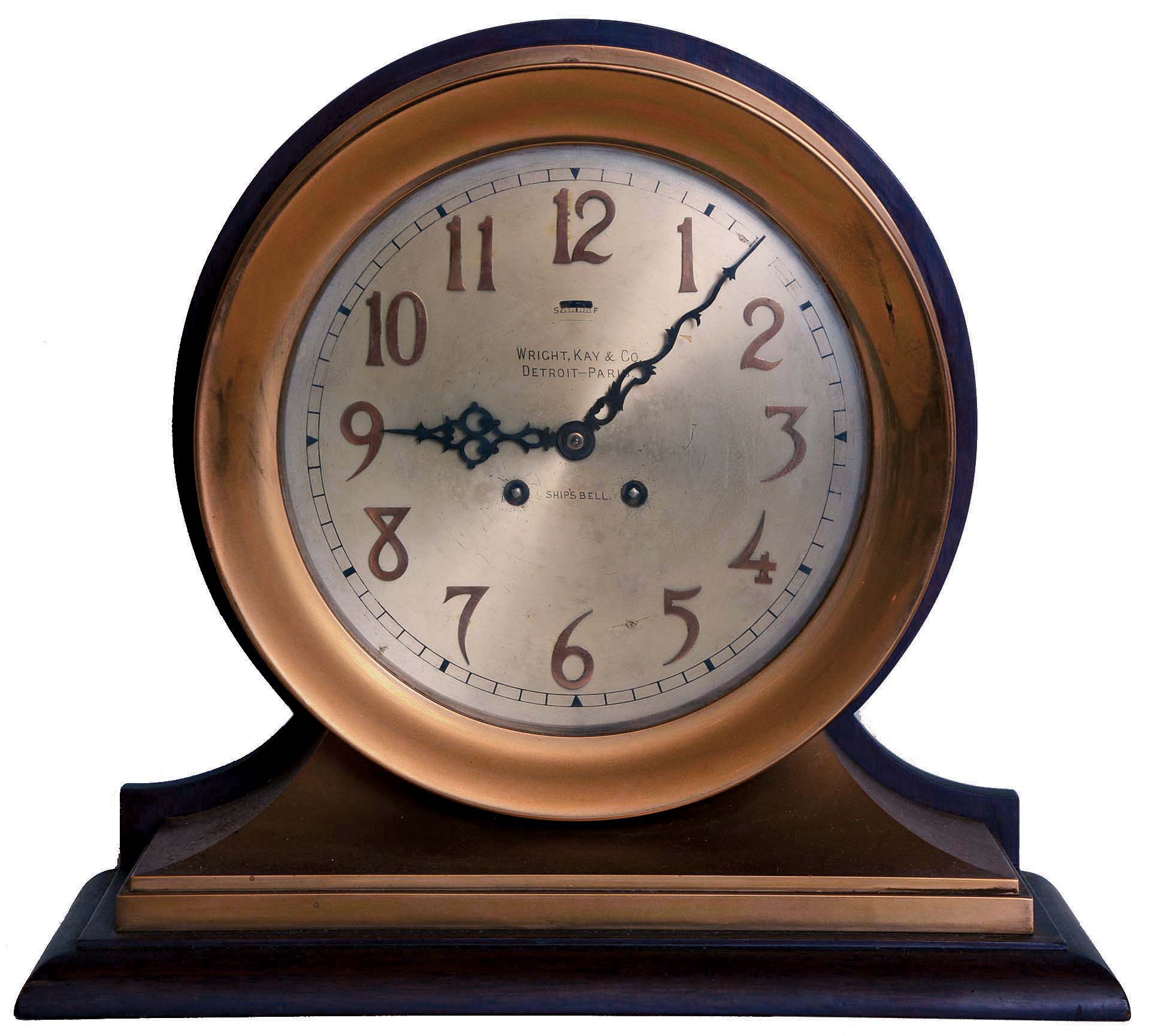 Chelsea Clock Co., Boston, Mass., "Commander", 8 days, time and strike spring brass lever movement ship's strike mantel clock retailed by Wright, Kay & Co., Detroit-Paris. Serial No. 20113 — Antique Clocks Price Guide