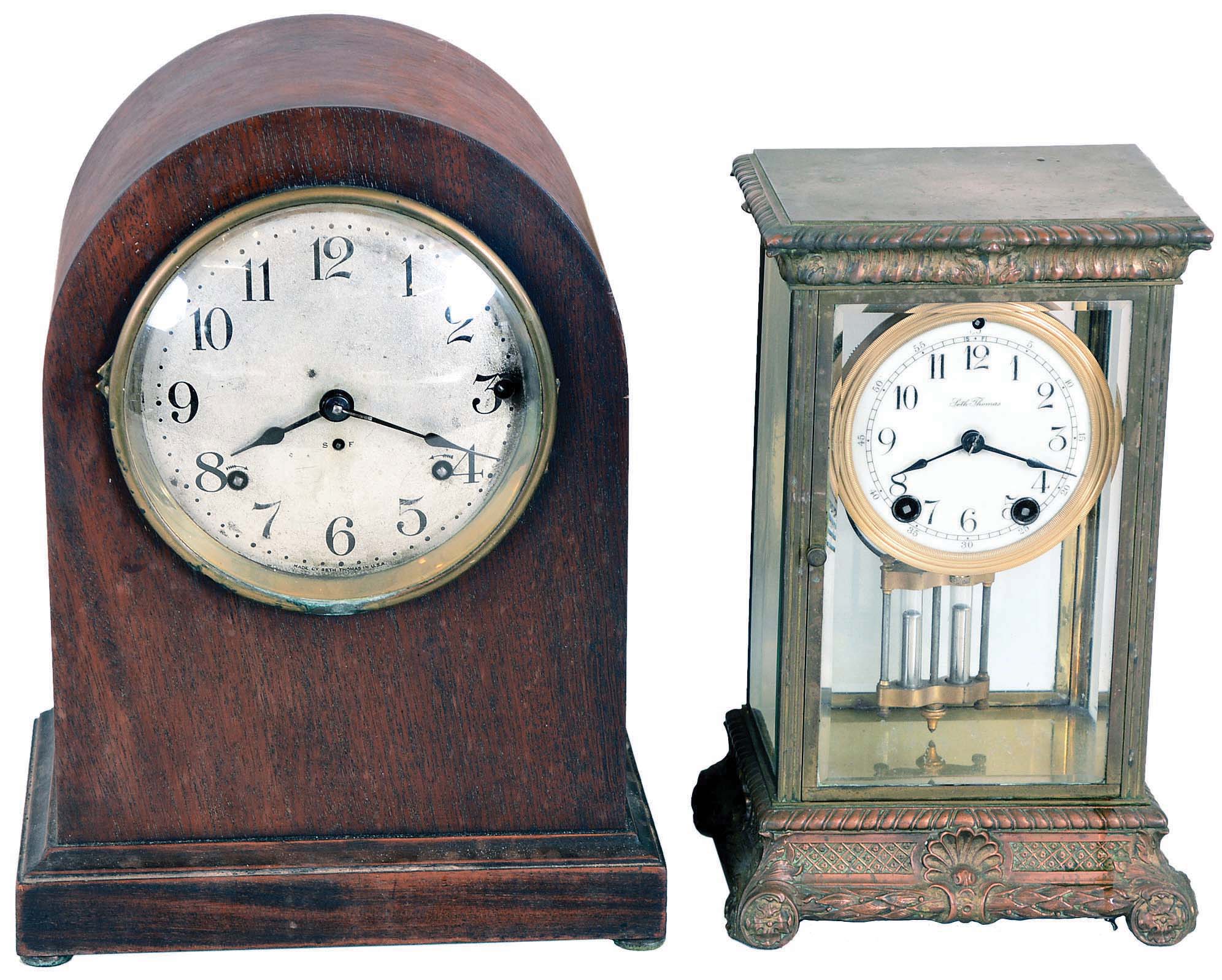 Clocks- 2 (Two): (1) Seth Thomas Clock Co., Thomaston, Conn., "Empire No. 13" Crystal Regulator with a spring driven 8 days time & strike movement. c1909. (2) Seth Thomas Clock Co., Thomaston , Conn "Sonora Chime No. 11" shelf clock with a spring driven 8 days time and strike movement (4 bells) in a mahogany case. c1911. — Antique Clocks Price Guide