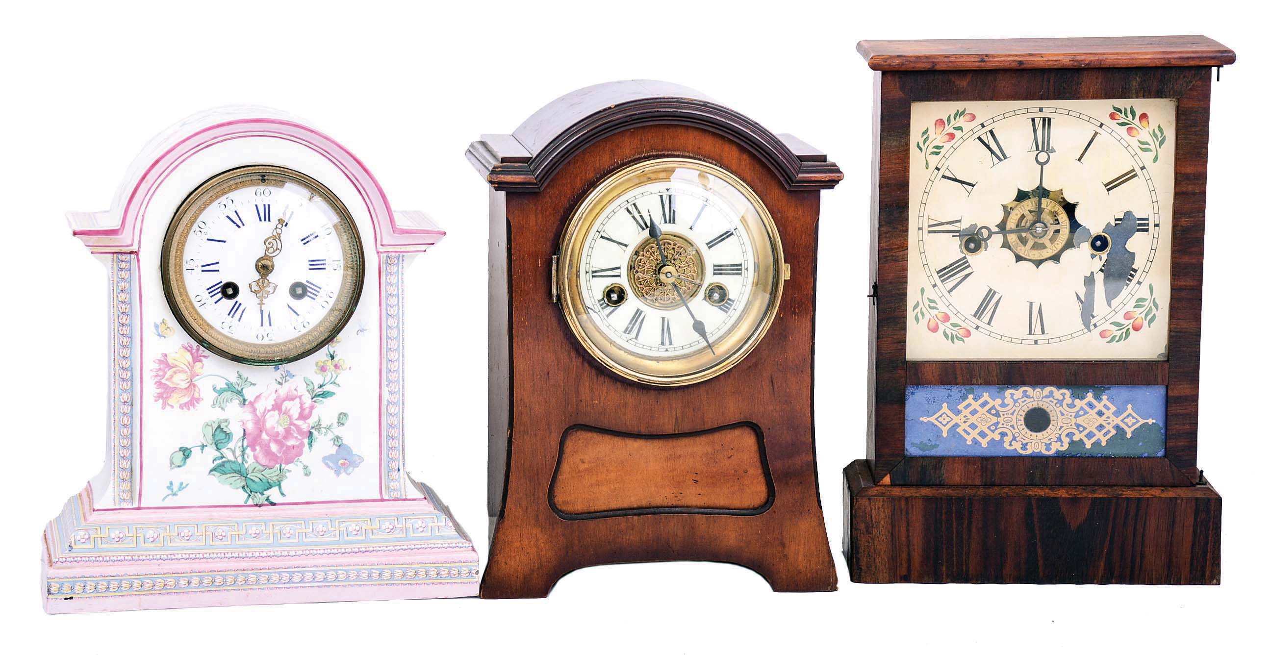 Clocks- 14 (Fourteen) antique: 2 day time and strike 8 day Japanese hanging school clocks; French 8 day time and strike wood tambour mantel clock, dial for Bailey, Banks & Biddle; French porcelain 8 day time and strike mantel, case signed "Gien"; French black marble time and strike 8 day mantel, porcelain dial; New Haven 30 hour time and strike mahogany steeple; German Hamburg-American 8 day time and strike mahogany mantel; English 8 day time only gallery clock (not fusee) ; Sessions walnut 8 day time and strike parlor clock; Waterbury rosewood-veneer 30 hour time, strike and alarm cottage; French 8 day time only carriage clock in leather travel case, cylinder balance; Waterbury rosewood-veneer 30 hour time and strike small spring-wound OG shelf; Ingraham octagon top 30 hour time and strike shelf; Eco Magneto Clock Co., Boston, Mass., oak watchman's time recorder with several paper charts; late 19th and early 20th centuries — Antique Clocks Price Guide