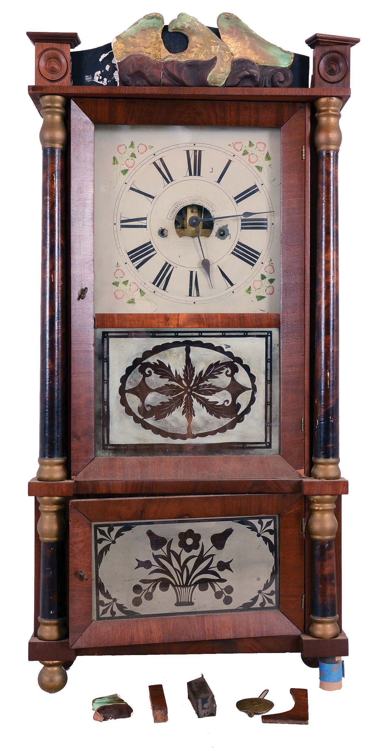 Clocks- 3 (Three): (1) Eli Terry & Son, Plymouth Hollow, Conn., Column and Splat shelf clock with a weight driven 30 hours time and strike wooden works in a stenciled mahogany veneered case, c1832. (2) Birge, Peck & Co., Bristol, Conn., Cornice and Column shelf clock with a weight driven 8 days time and strike brass Ives-style strap movement in a mahogany veneered case. c1855. (3) Forestville Manufacturing Co., Bristol, Conn., 8 days, time and strike weight brass movement double decker shelf clock. c1845. — Antique Clocks Price Guide