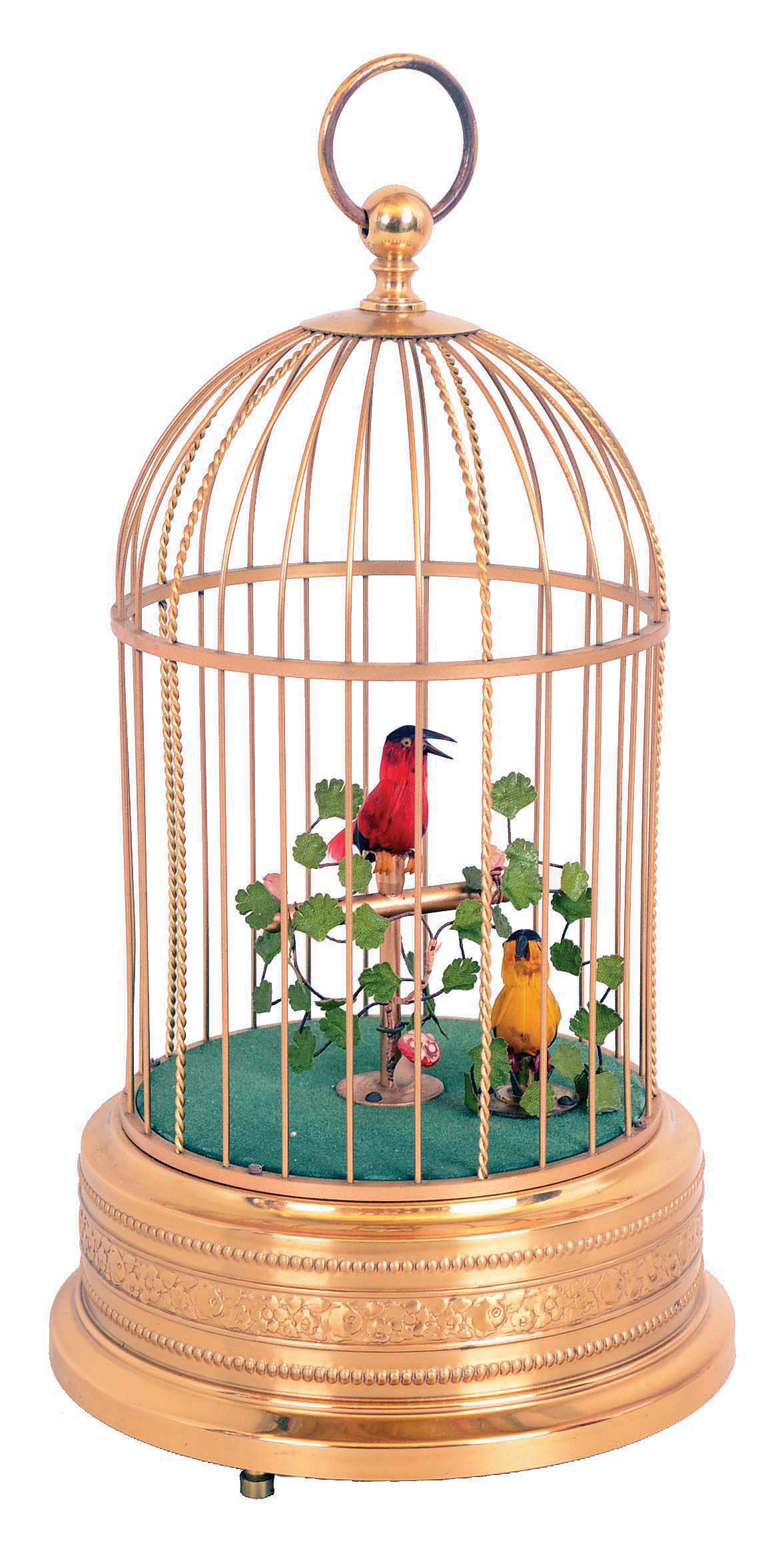 Karl Griesbaum, Germany, brass cage with two singing automata feathered birds. — Antique Clocks Price Guide