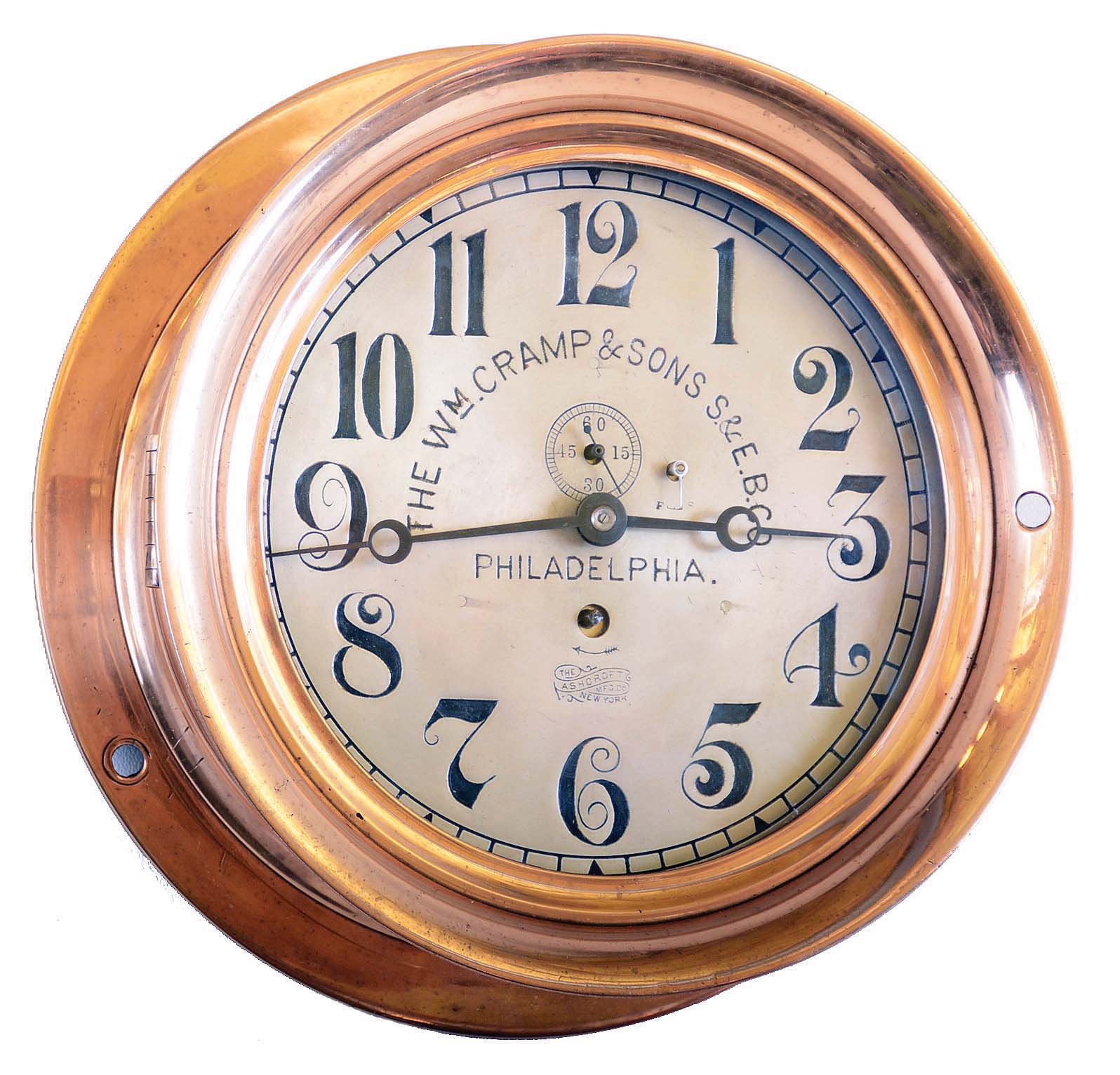 Chelsea Clock Co., Boston, Mass., for "The Wm. Cramp & Sons, S. & E. B. Co.", Philadelphia, by Ashcroft Mfg. Co., New York, brass hinged-bezel 8 in 8 day time only engine room clock #22639. — Antique Clocks Price Guide