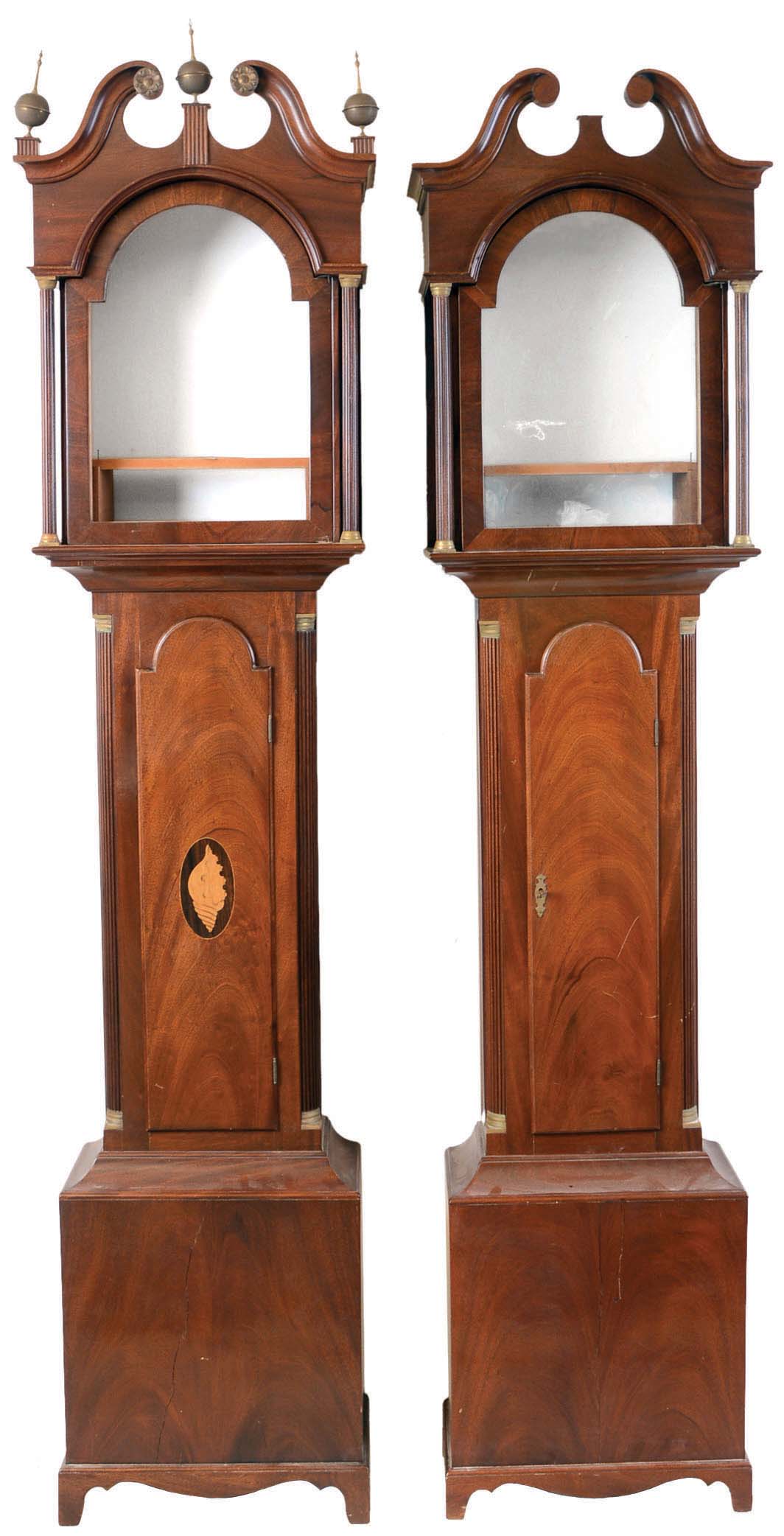 Tall Clock Cases Only- 2 (Two) professionally bench made with broken arch top, tombstone door, fluted corner columns on cutout bracket feet; one with shell inlay on door and brass finials — Antique Clocks Price Guide