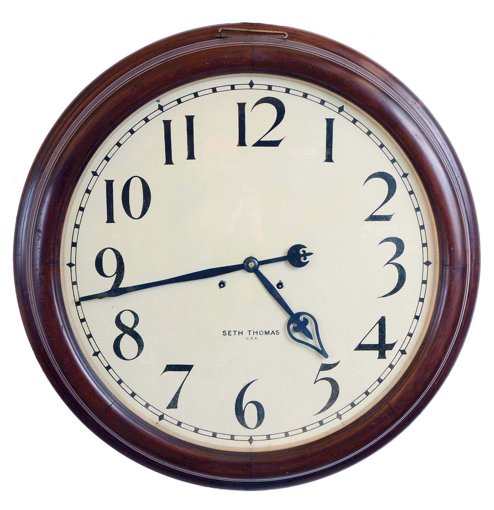 Seth Thomas Clock Co., Thomaston, Conn., "Gallery 24 Inch", wall clock, 15 days, time only, double spring driven movement in a stepped round mahogany case with a, painted zinc dial. — Antique Clocks Price Guide