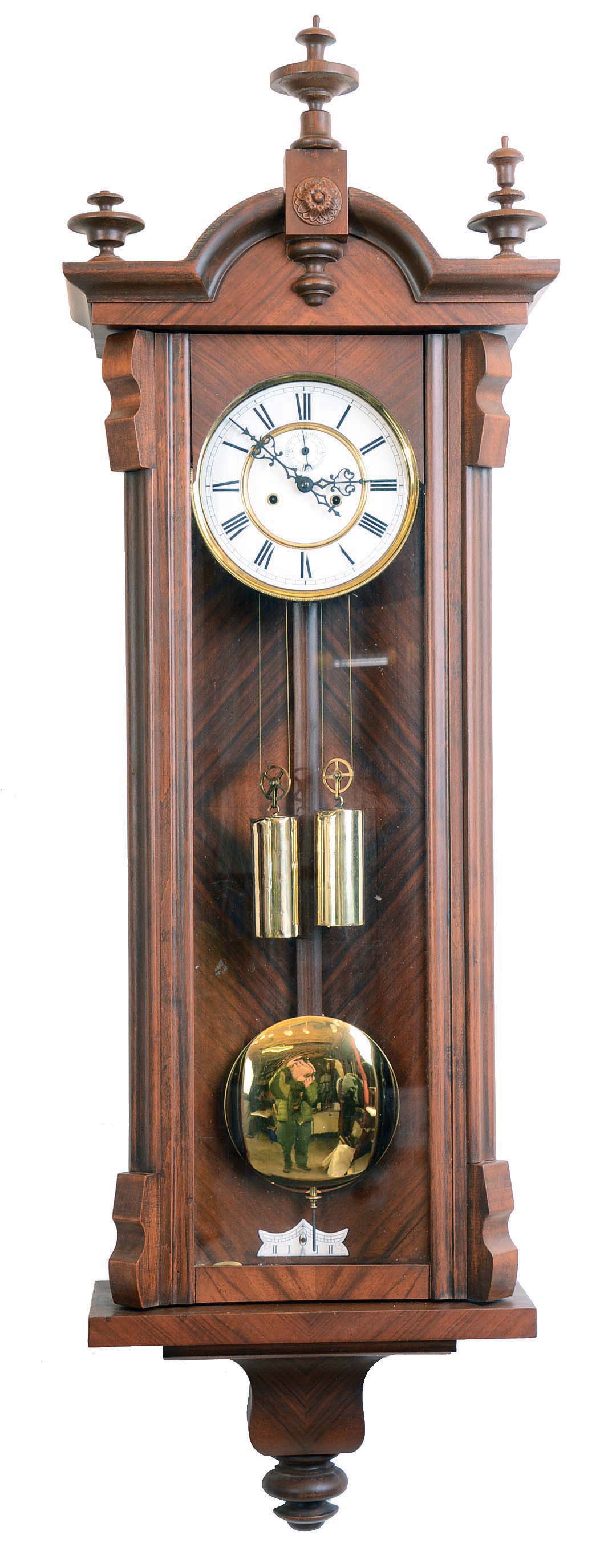 Clocks- 2 (Two) Vienna Regulators German 8 day 2 weight unsigned walnut wall clocks. — Antique Clocks Price Guide