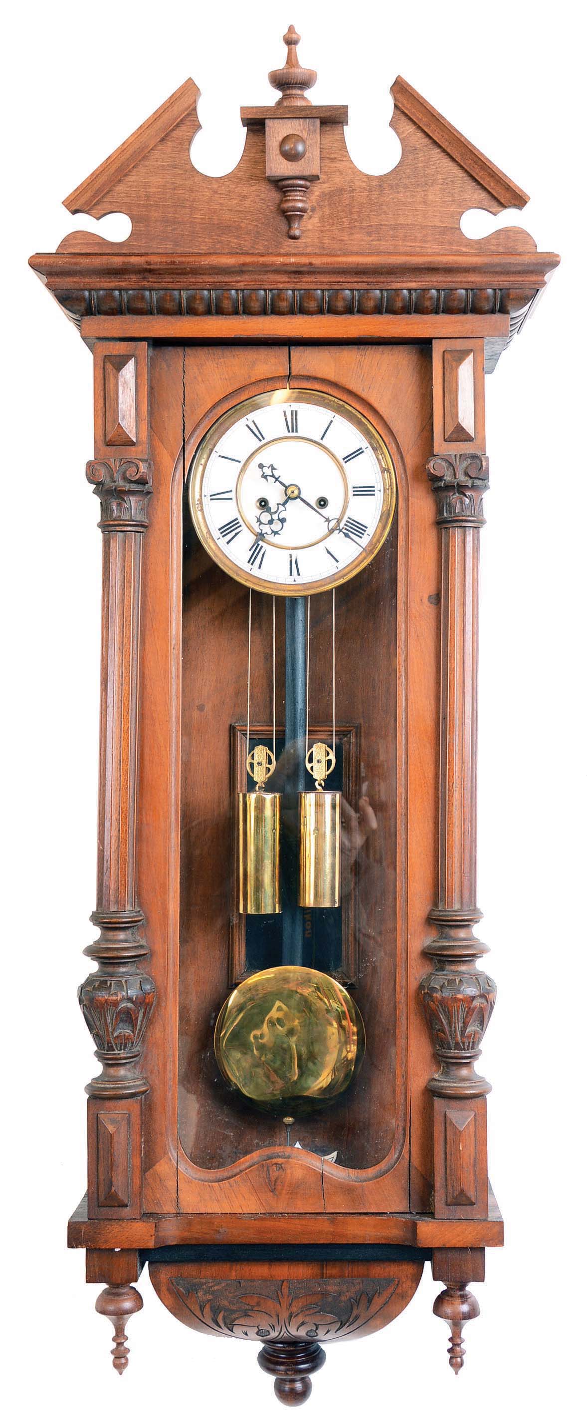 Clocks- 2 (Two) Gustav Becker 2 Weight Walnut Vienna Regulator Wall: Medaille D'Or movements #207379 and #307416, white enamel 2-piece dials, late 19th century — Antique Clocks Price Guide