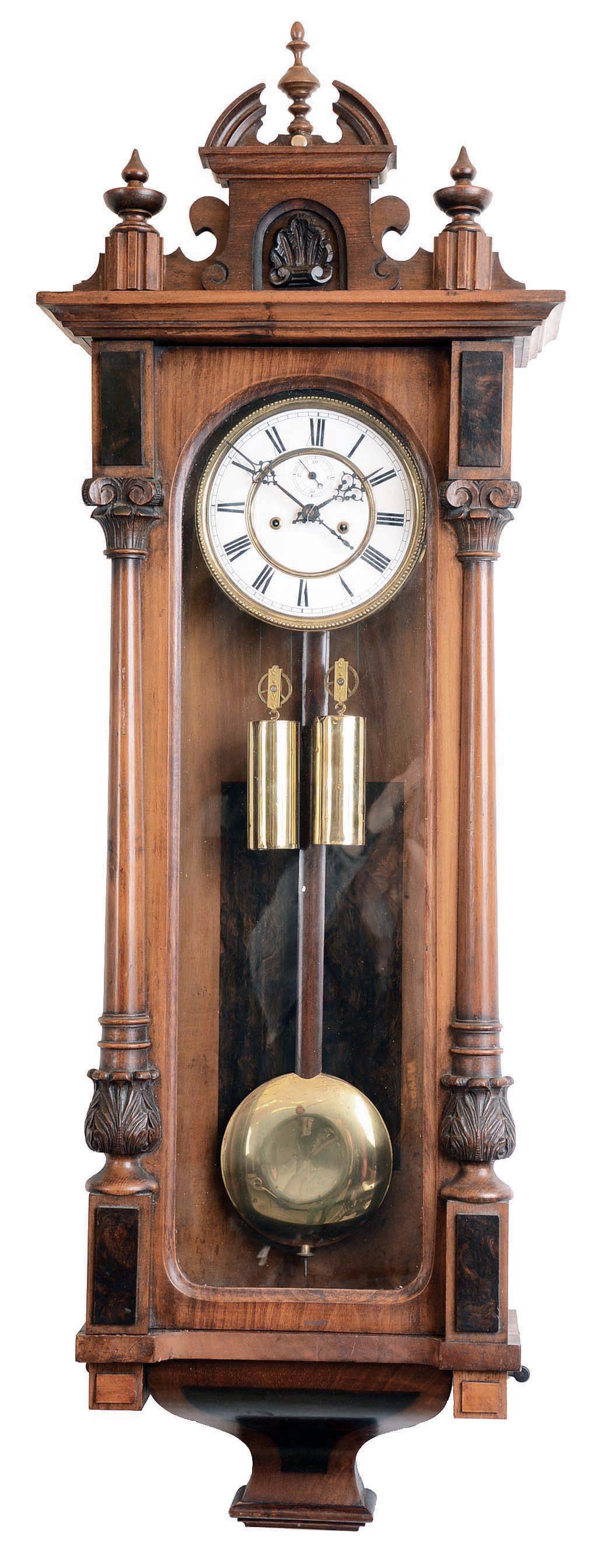 Clocks- 2 (Two) German hardwood 8 day 2 weight Vienna regulator wall clocks: "MS" Miller-Schlenker. Schwinninger #60433; "RMS" Mueller & Co. #27515; late 19th century — Antique Clocks Price Guide