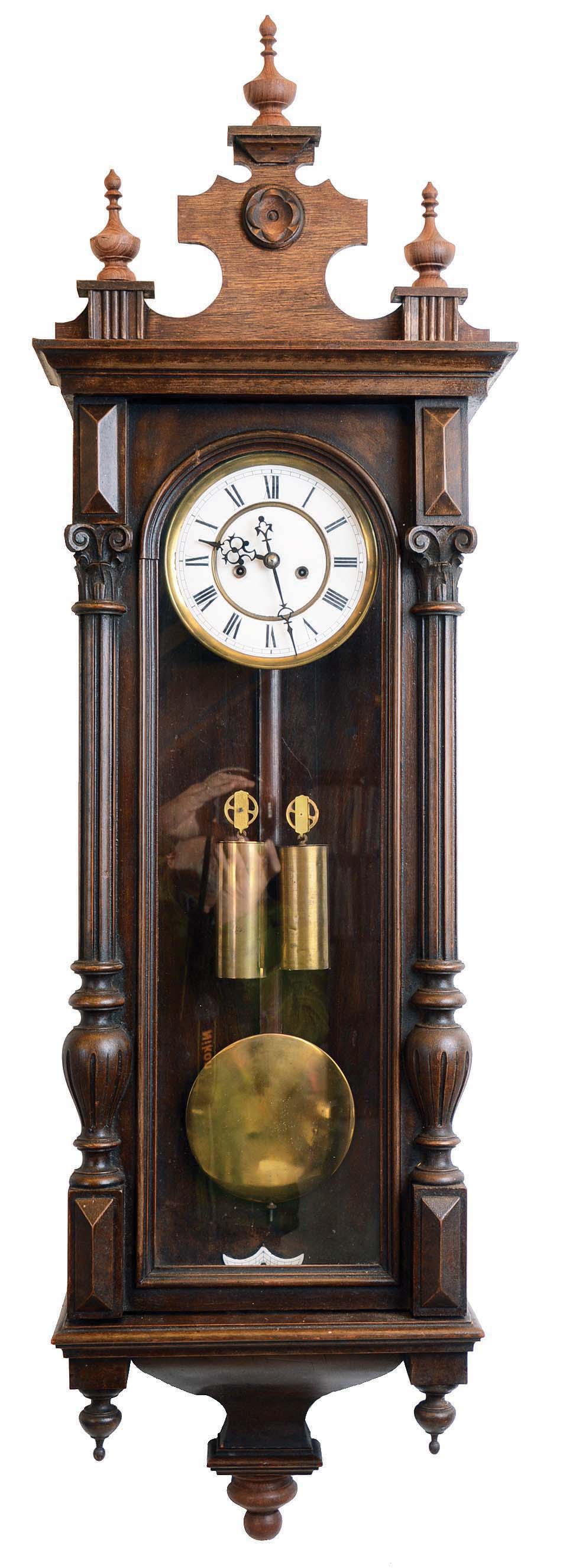 Clocks- 2 (Two) Gustav Becker German walnut 8 day 2 weight Vienna regulator wall clocks: Medaille D'Or movements #204170 and #1794878; late 19th and early 20th centuries — Antique Clocks Price Guide
