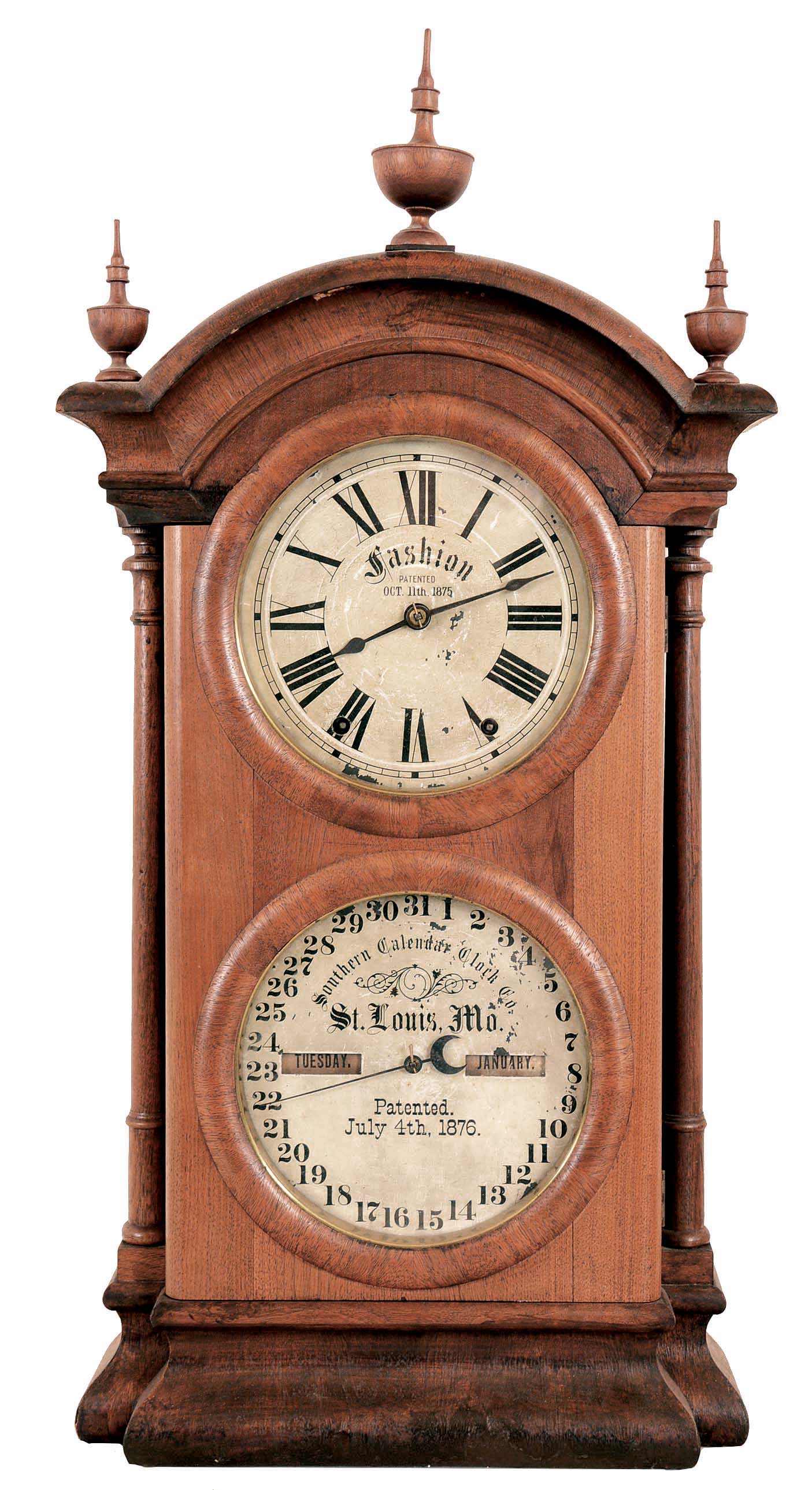 Seth Thomas Clock Co., Thomaston, Conn., Southern Calendar Clock Co., "Fashion No. 2", 8 days, time and strike spring brass movement double dial calendar shelf clock. — Antique Clocks Price Guide