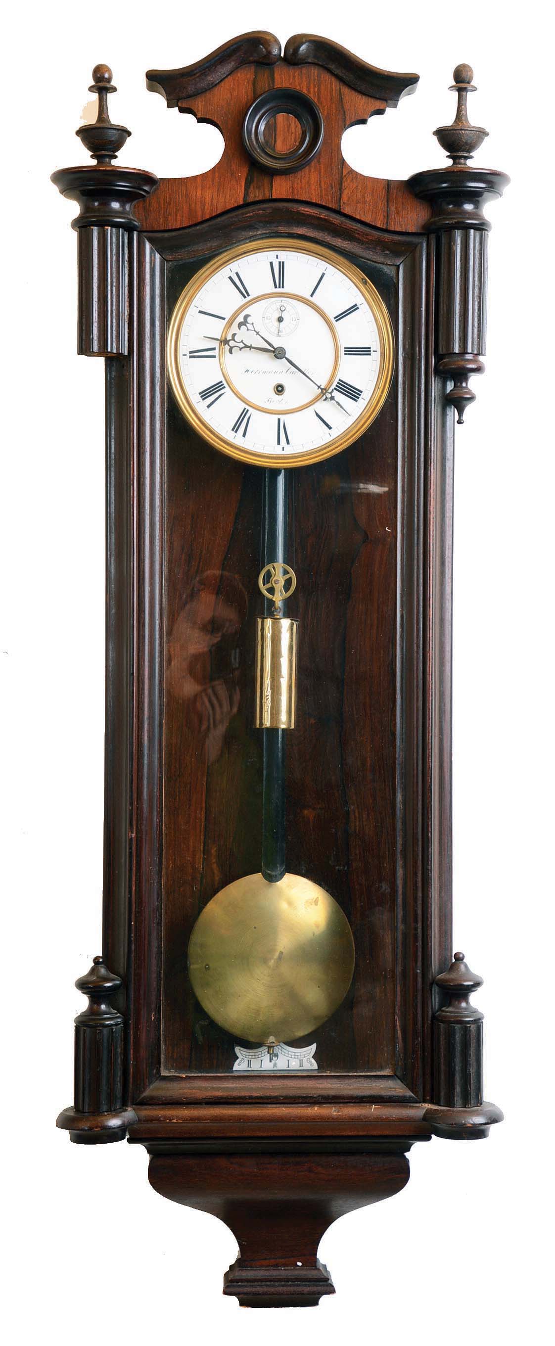 Clocks- 2 (Two) Germany, 8 day, 1 weight, time only Vienna regulator wall clocks: "Herrmann Castitten (?) , Berlin" with rosewood; unsigned with heavy walnut; late 19th century — Antique Clocks Price Guide